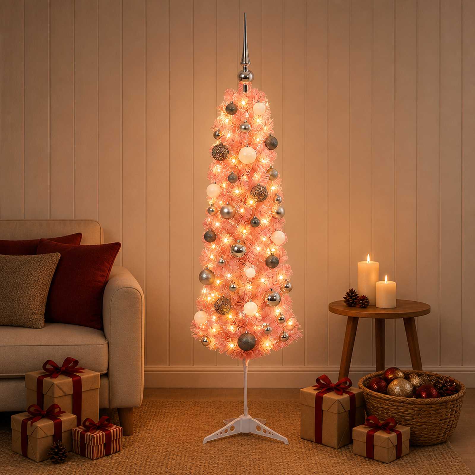 vidaXL Kunstigt smalt juletræ med julekugler 150 cm 150 LED'er