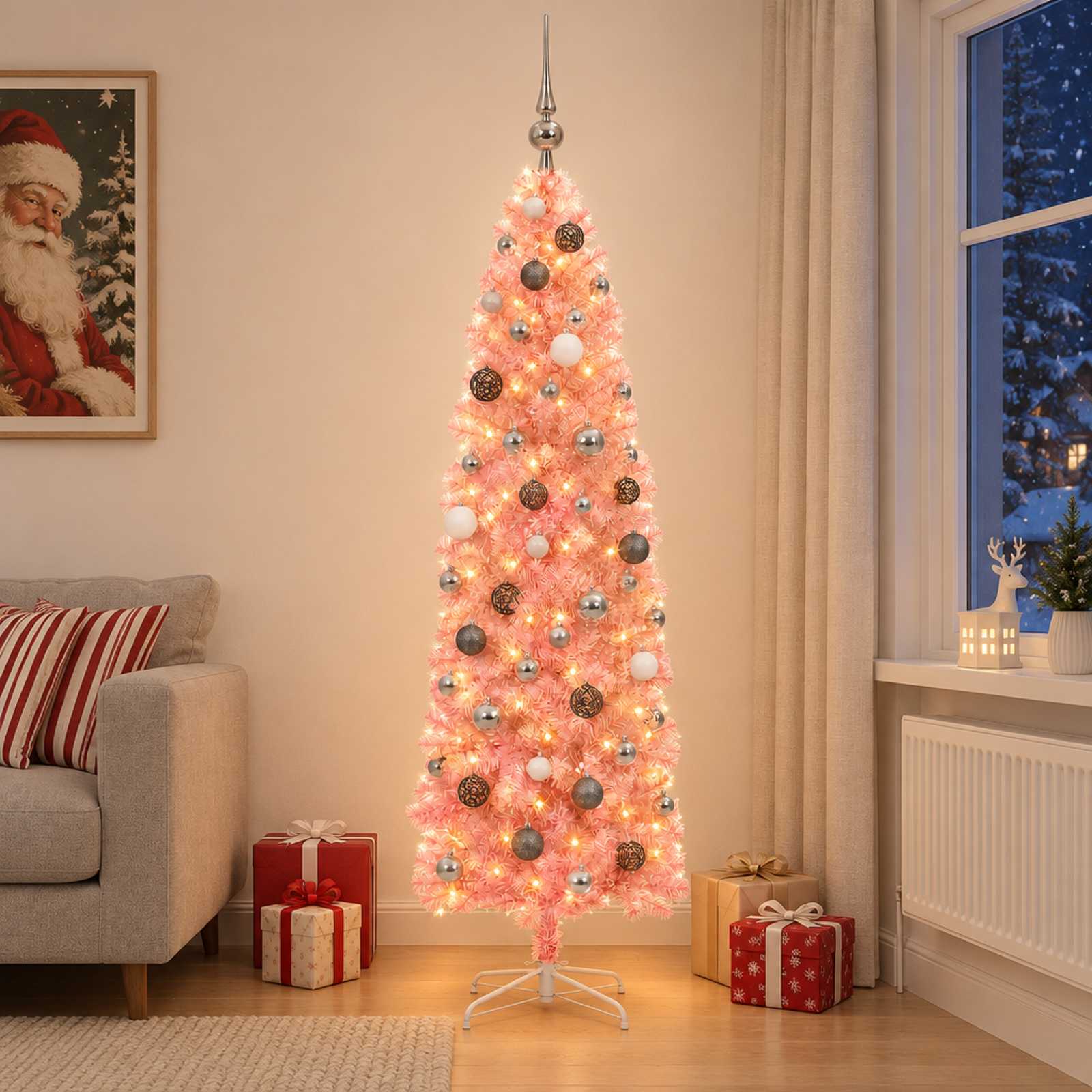 Umetno ozko božično drevesce z bučkami 180 cm 300 LED