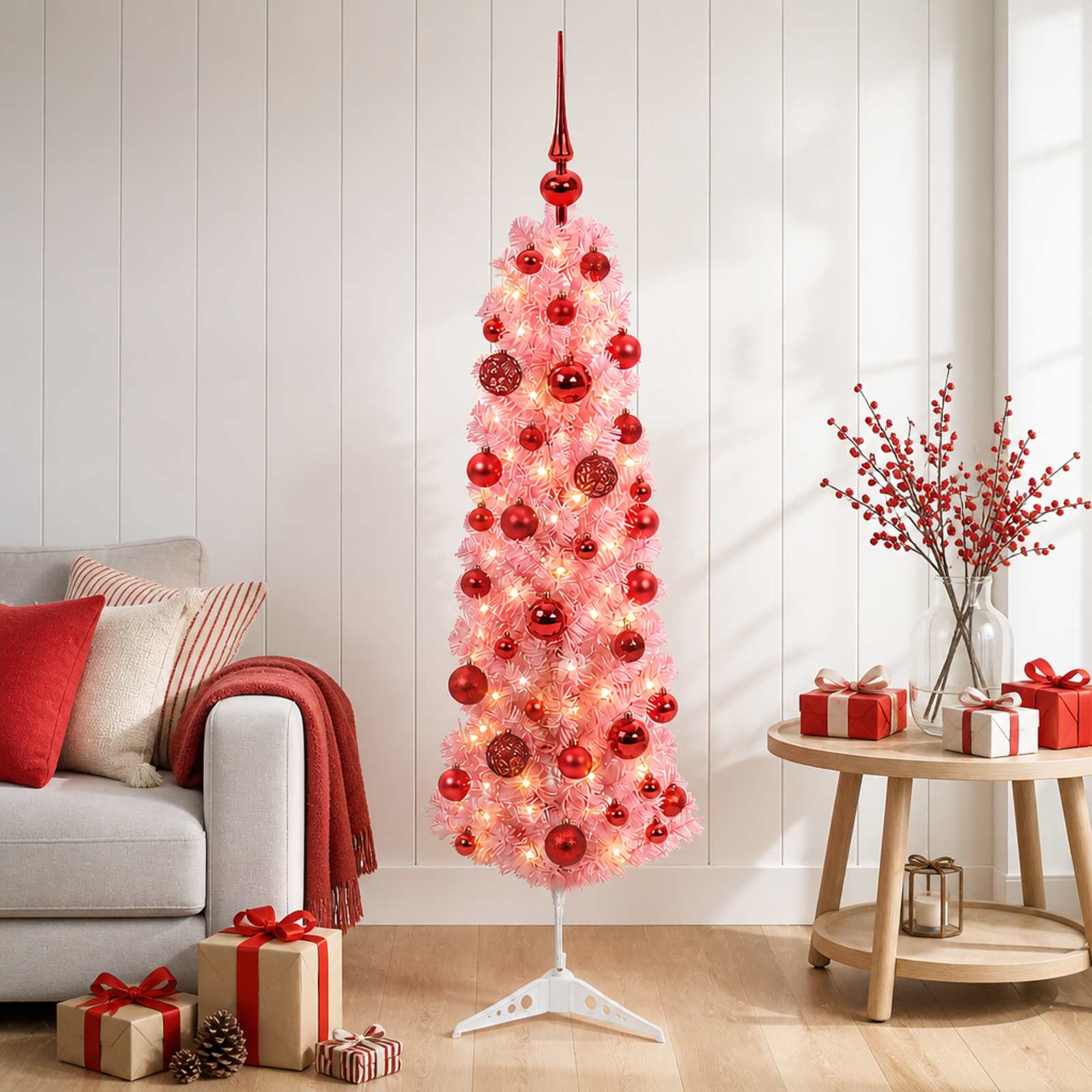 vidaXL Kunstig smalt juletre med julekuler 150 cm 150 LED-lys Varmhvit
