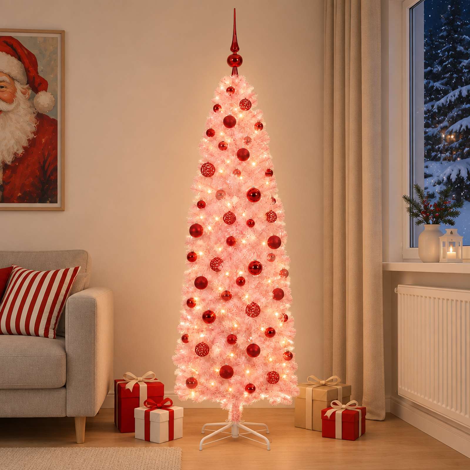 vidaXL Kunstigt slankt juletræ med julekugler 180 cm 300 LED'er