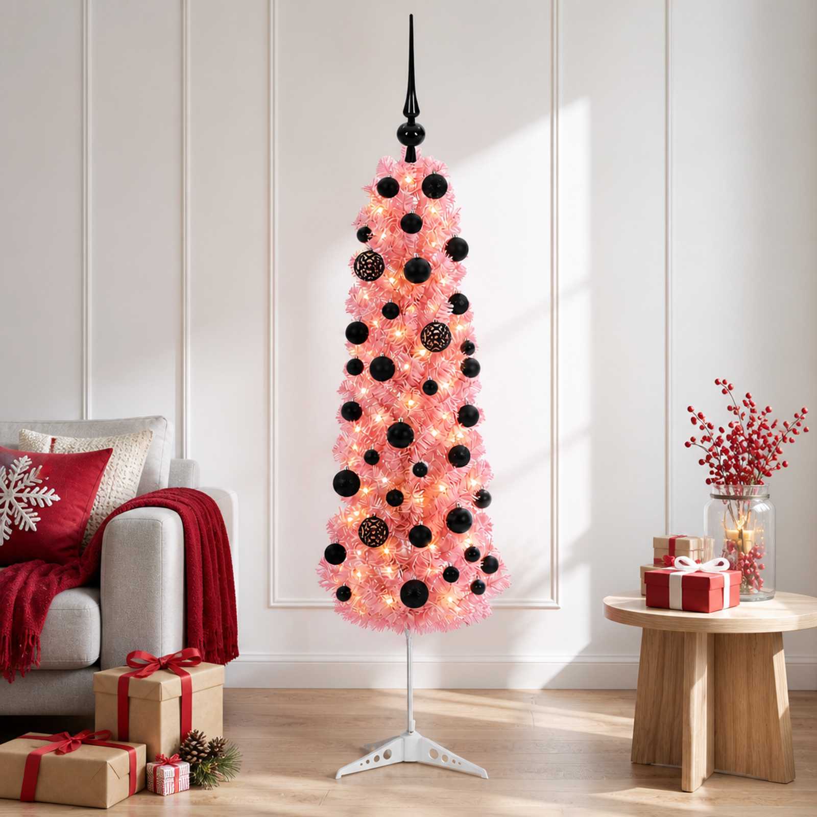 vidaXL Kunstig slankt juletre med kuler 150 cm 150 LED-lys Varmhvit