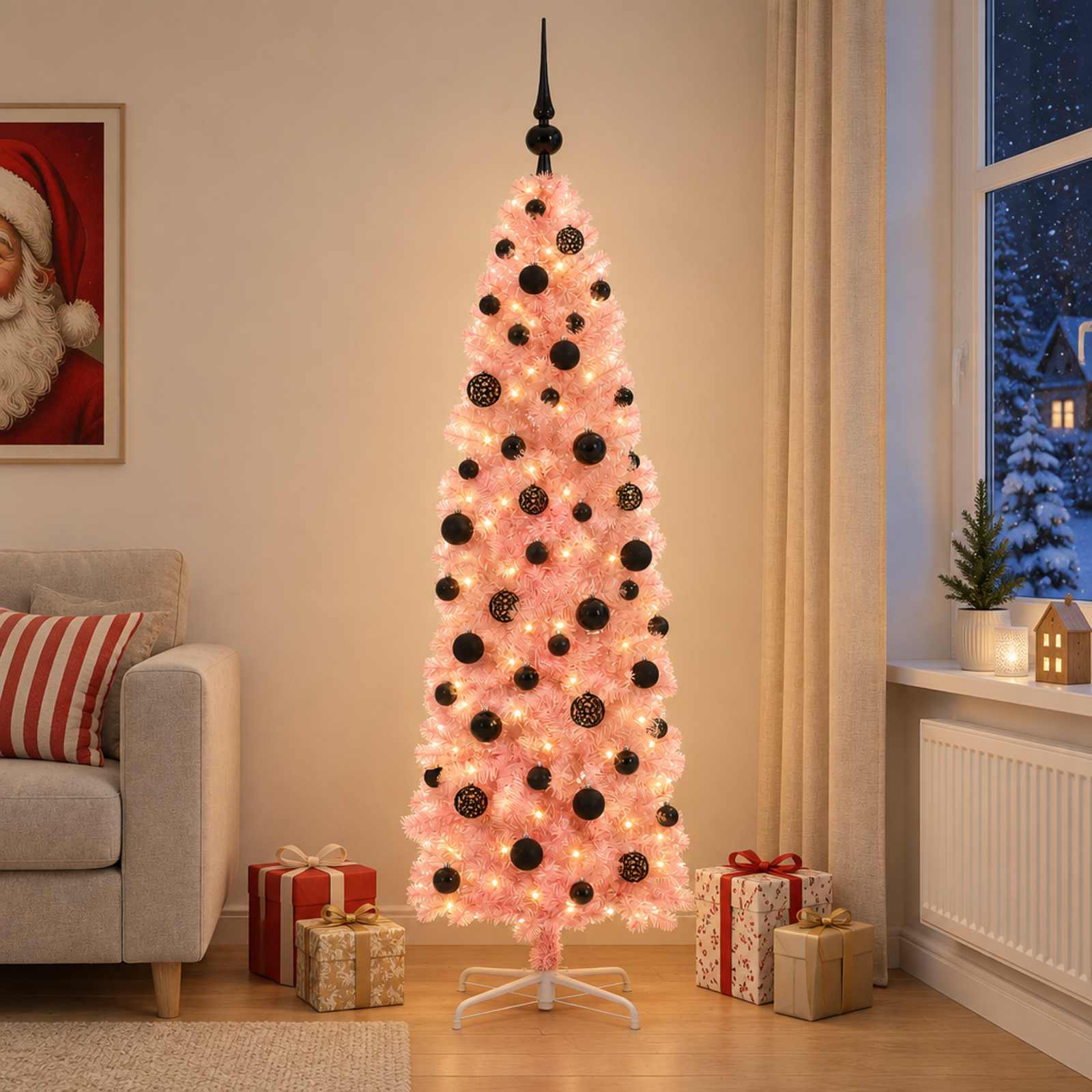 vidaXL Kunstig smalt juletre med kuler 180 cm 300 LED-lys Varmhvit