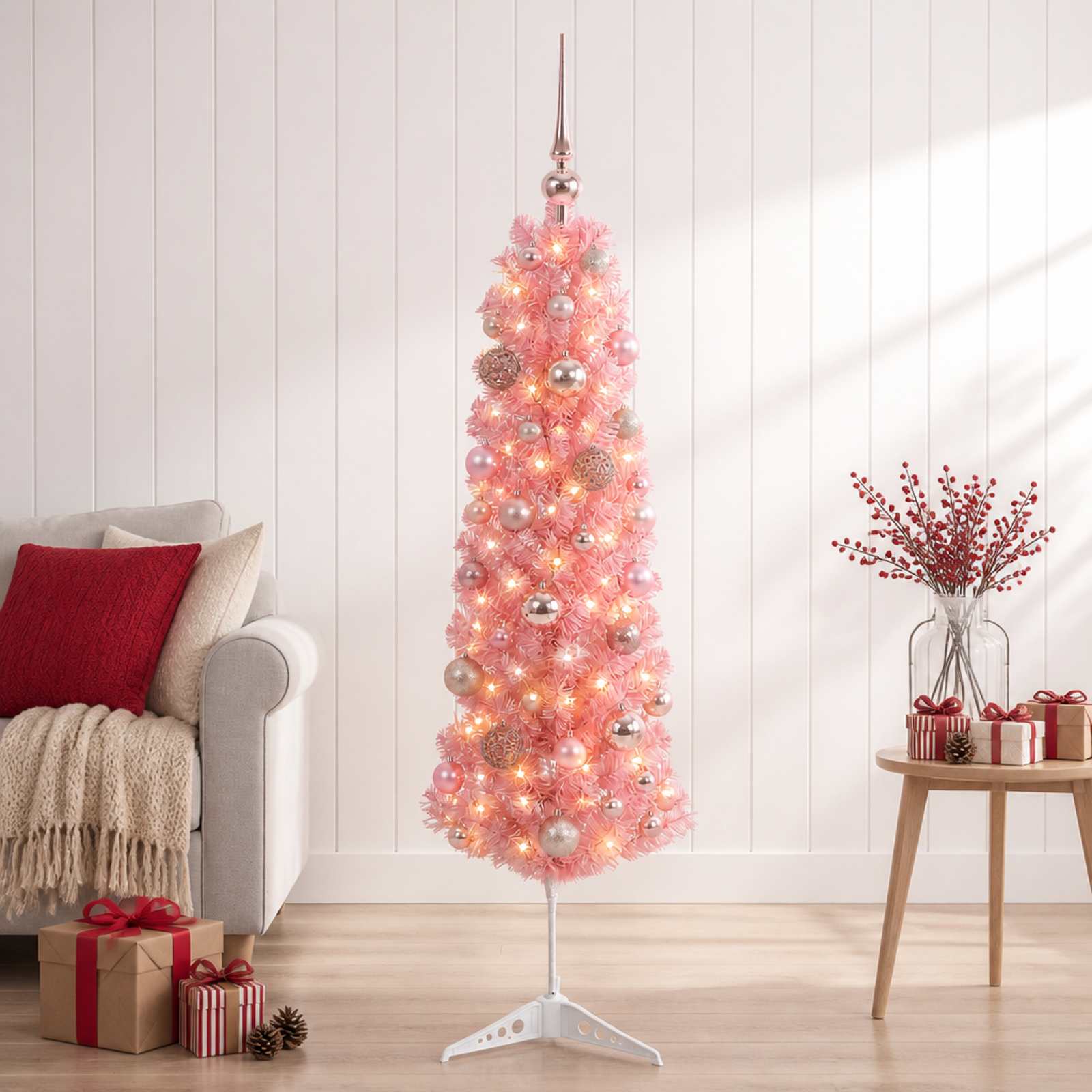 vidaXL Kunstig slankt juletre med julekuler 150 cm 150 LED-lys