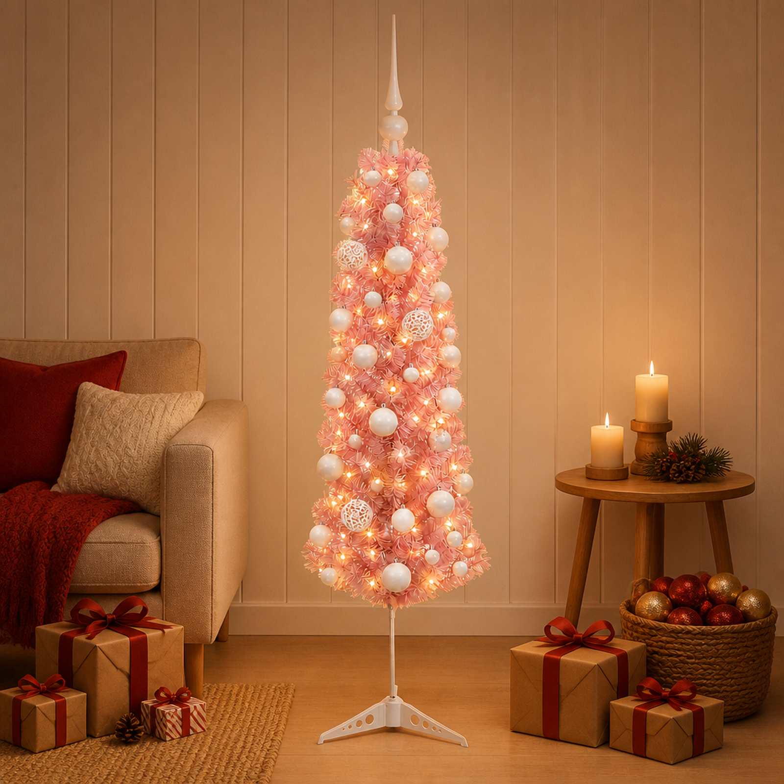 vidaXL Kunstig slankt juletre med julekuler 150 cm 150 LED-lys