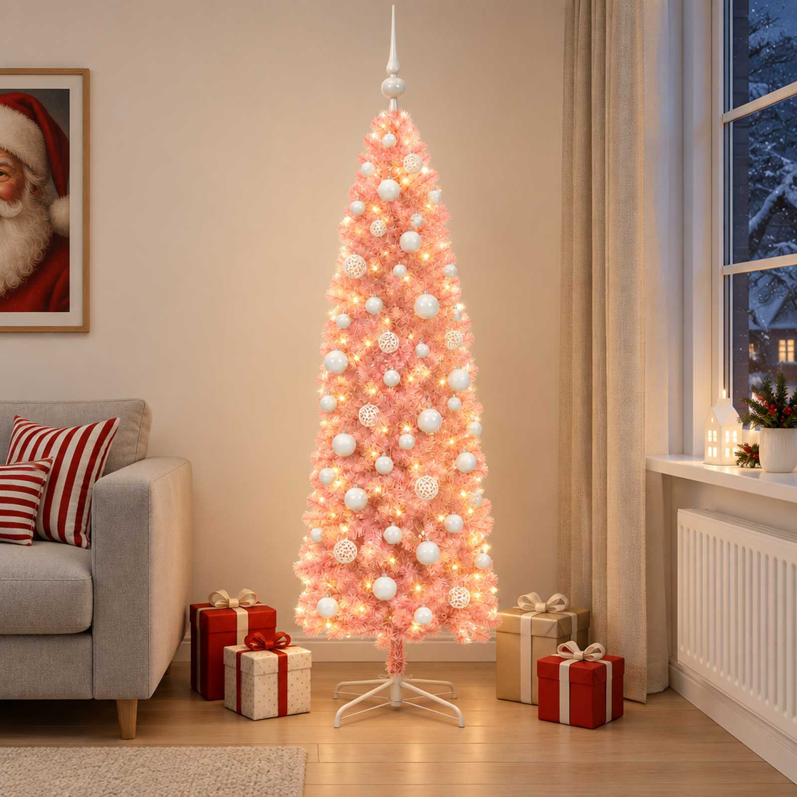 vidaXL Kunstig smalt juletre med julekuler 180 cm 300 LED-lys Varmhvit