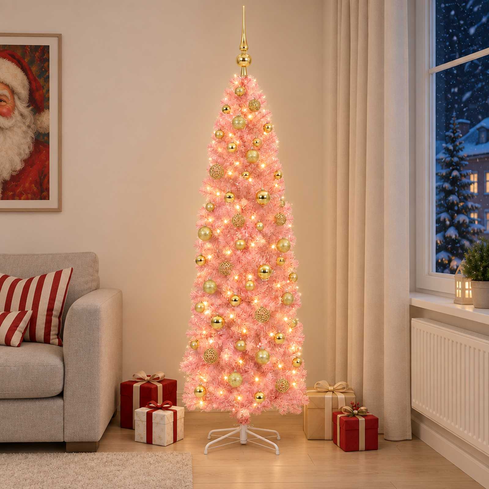 Umetno ozko božično drevesce z bučkami 180 cm 300 LED