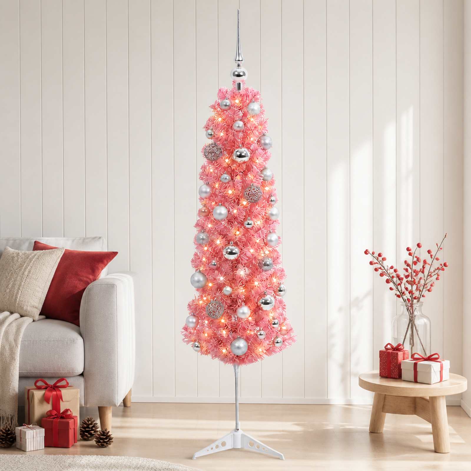 vidaXL Kunstig smalt juletre med juletrekuler 150 cm 150 LED-lys