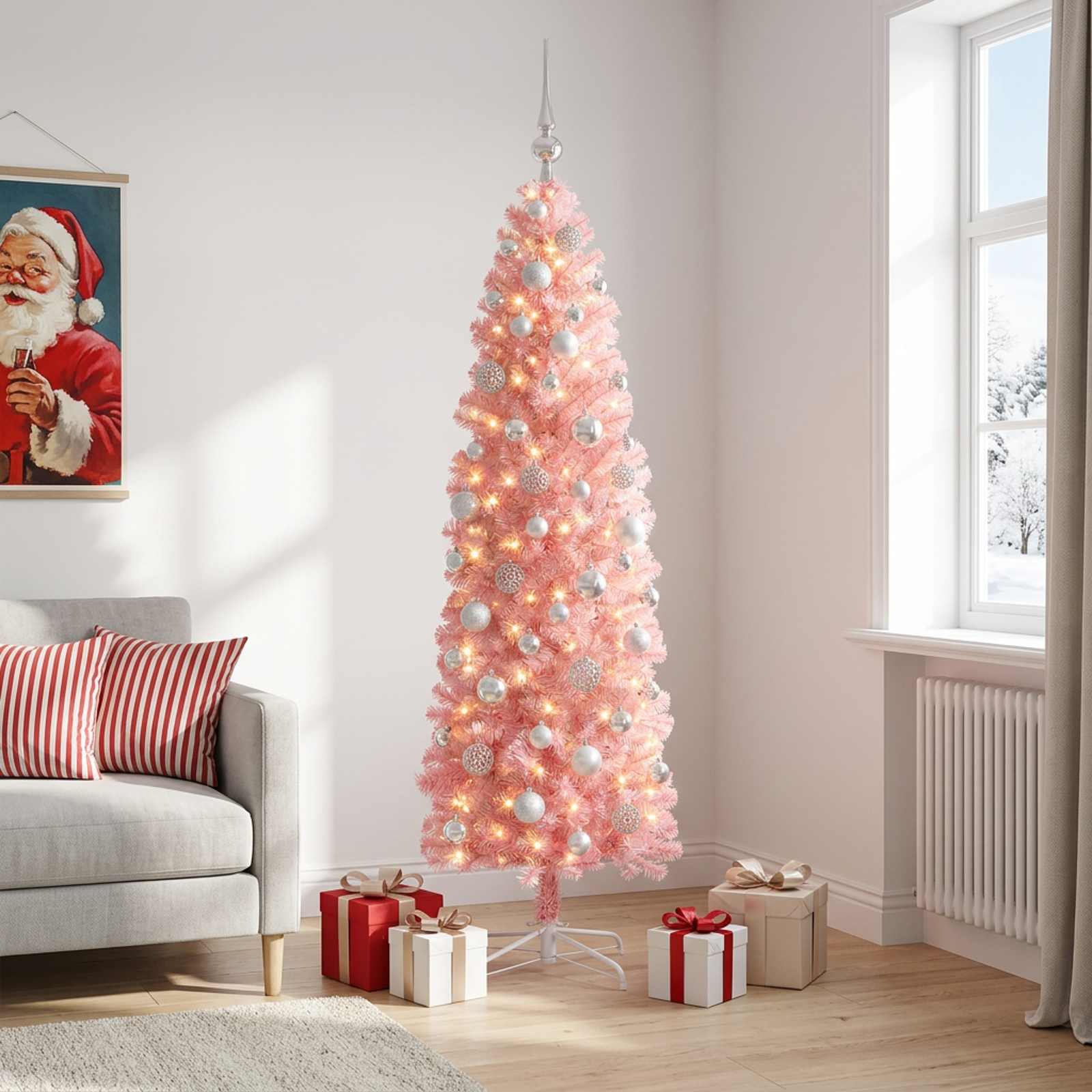 vidaXL Kunstigt slankt juletræ med julekugle 240 cm 300 LED'er