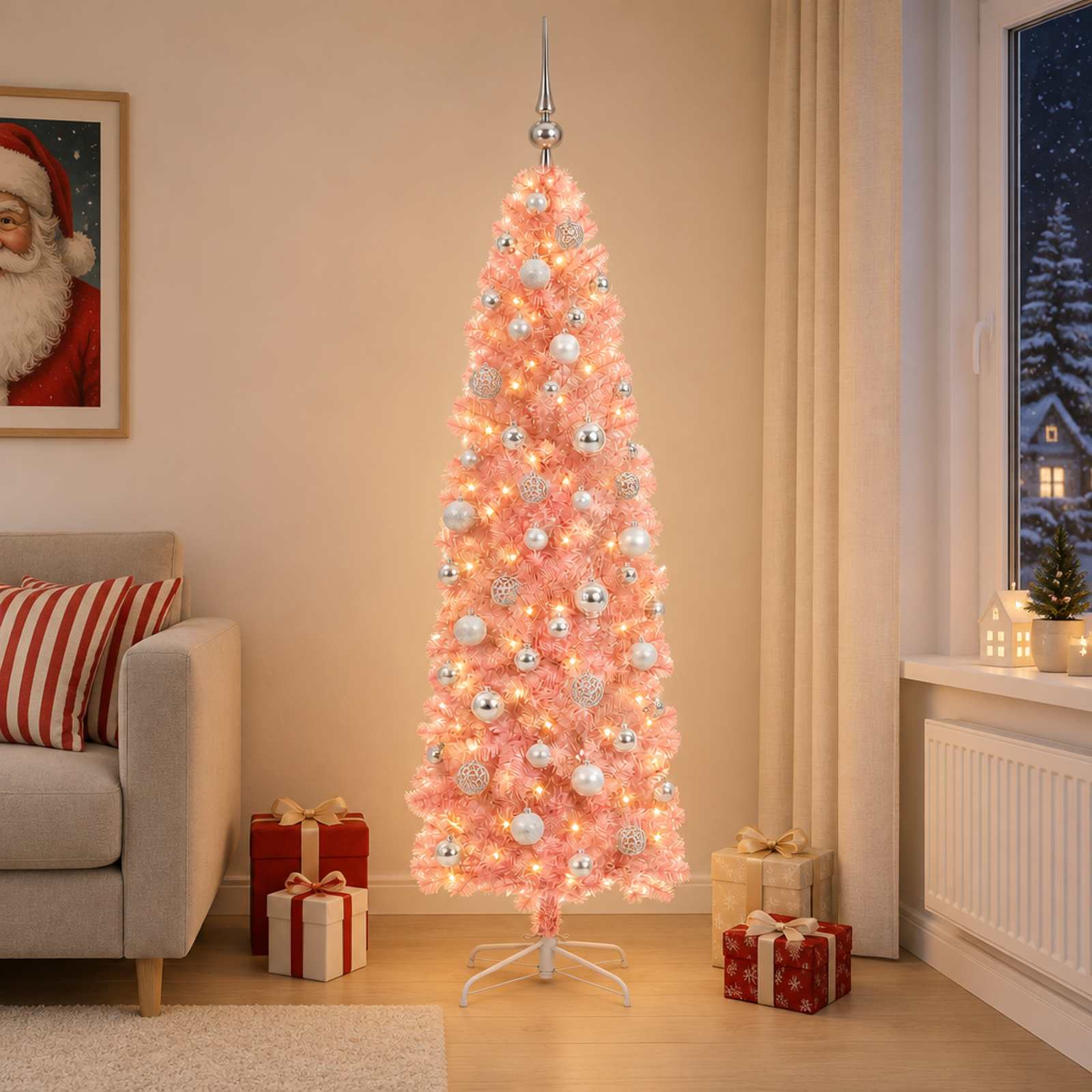 Umetno ozko božično drevesce z božično kroglico 180 cm 300 LED