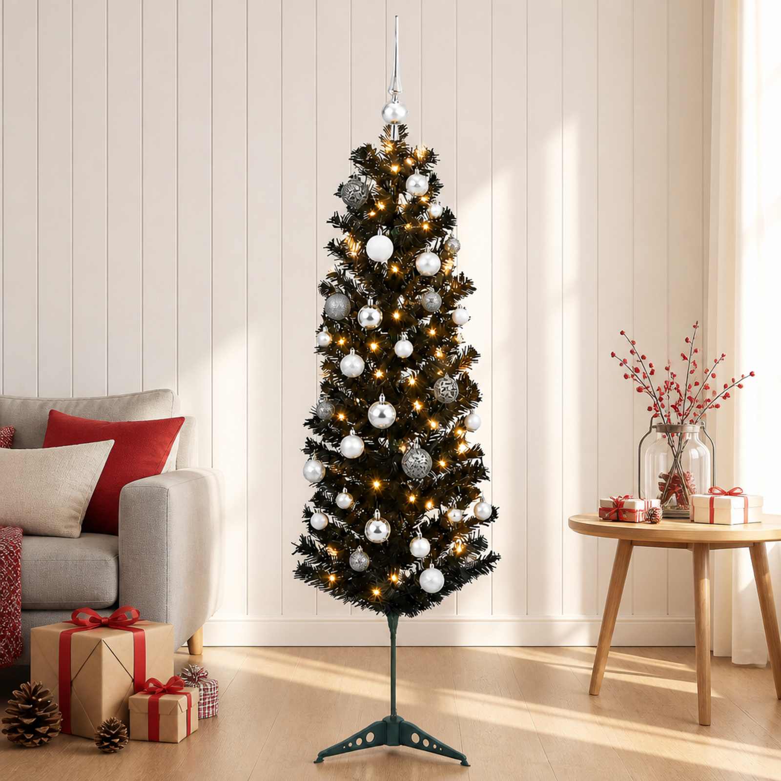 vidaXL Kunstigt slankt juletræ med julekugle 120 cm 150 LED'er