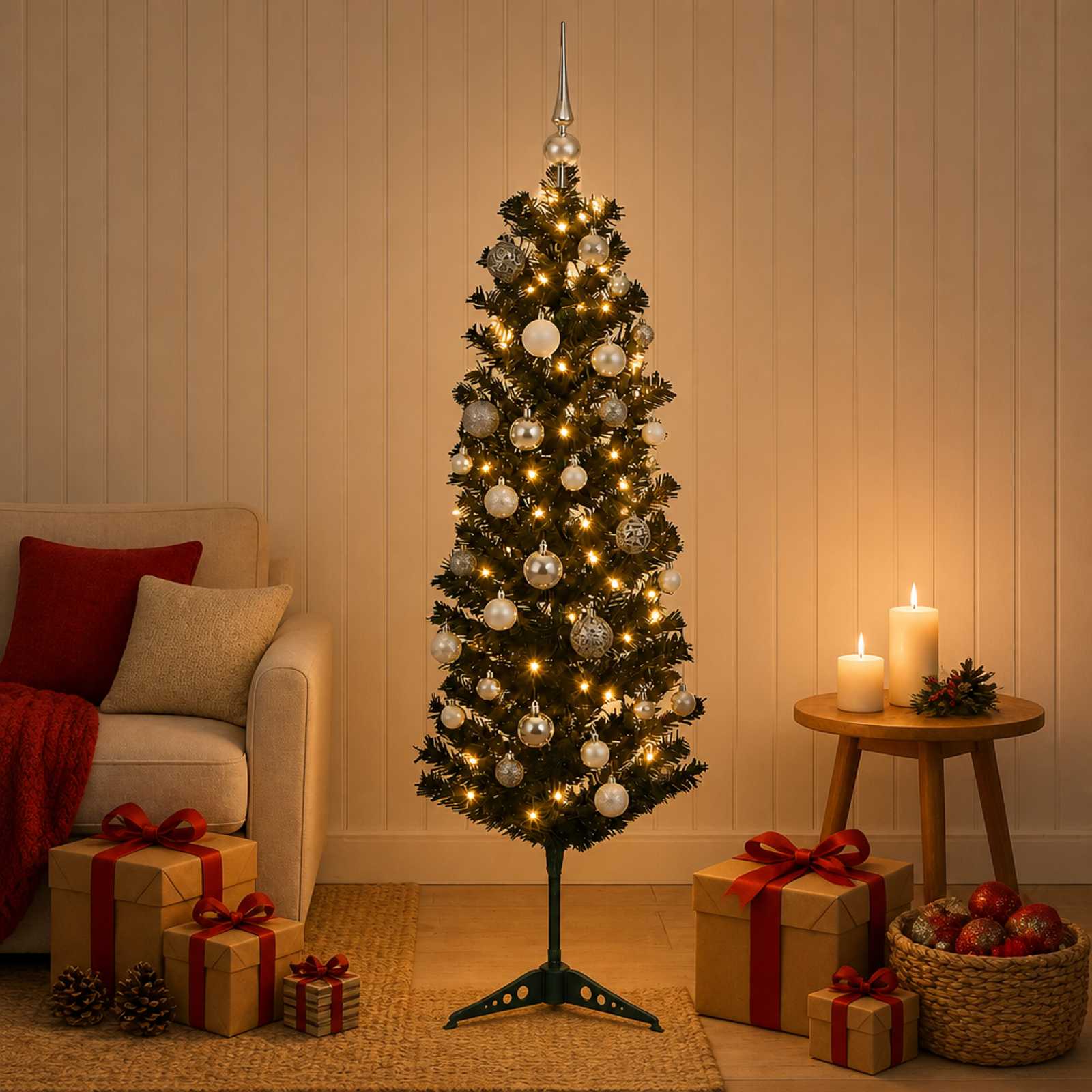 Umetno ozko božično drevesce z božično kroglico 150 cm 150 LED
