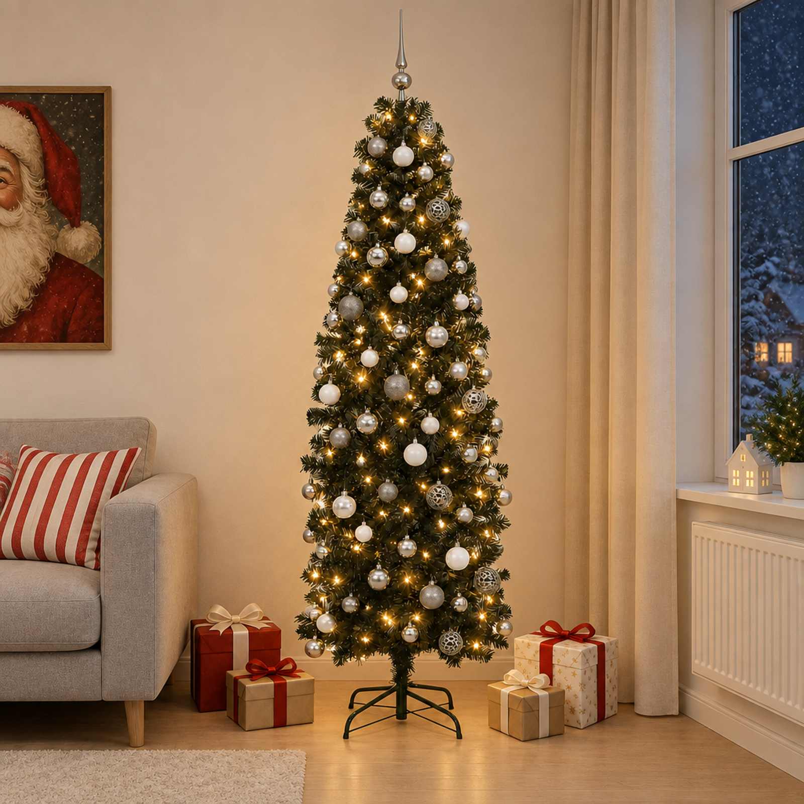 Umetno ozko božično drevesce z božično kroglico 210 cm 300 LED
