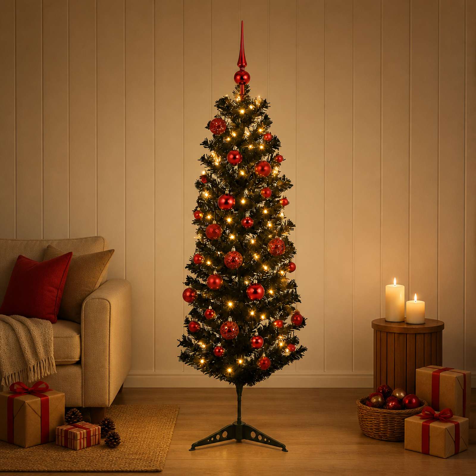 vidaXL Kunstig smalt juletre med julekuler 150 cm 150 LED-lys Varmhvit