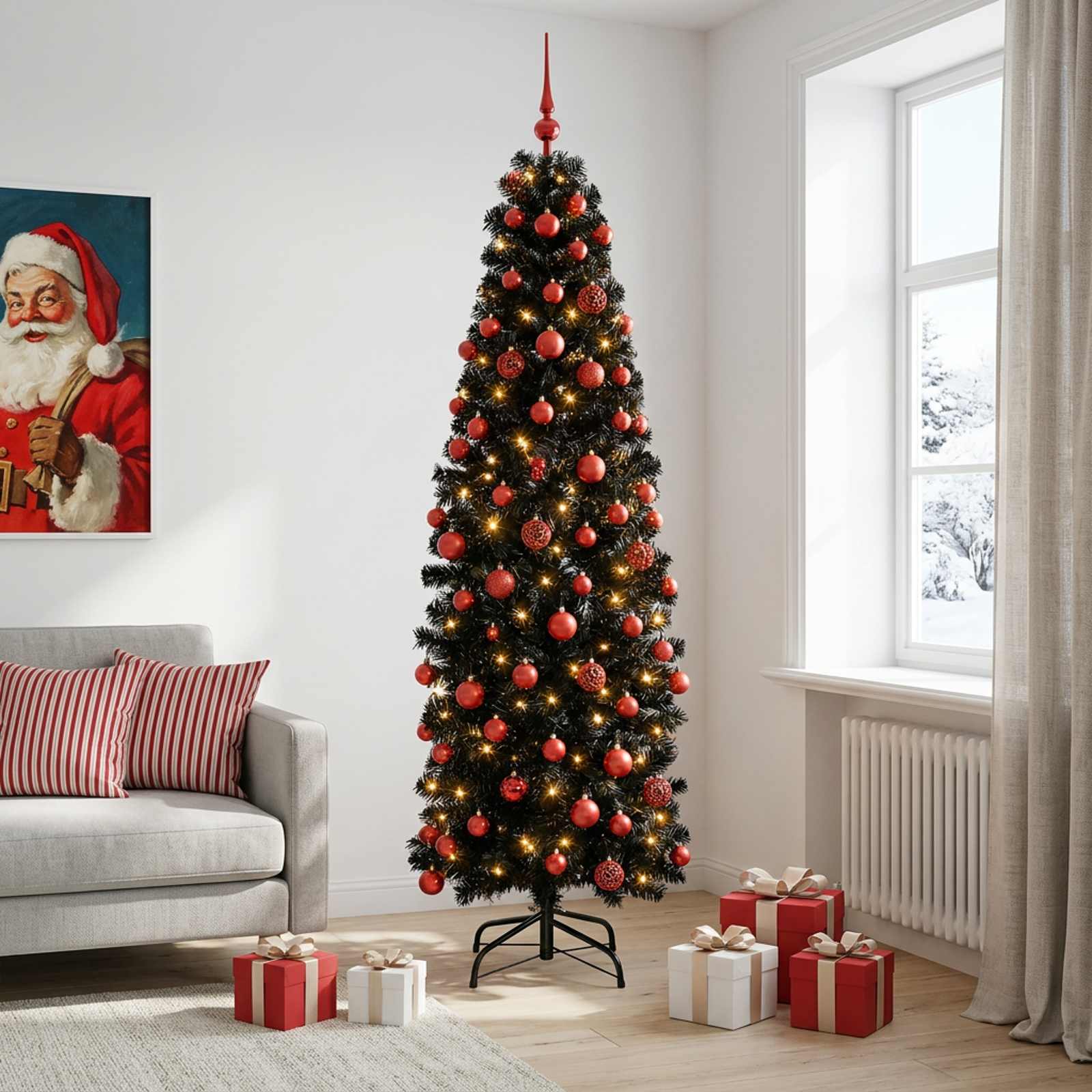 vidaXL Kunstigt slankt juletræ med julekugle 210 cm 300 LED'er