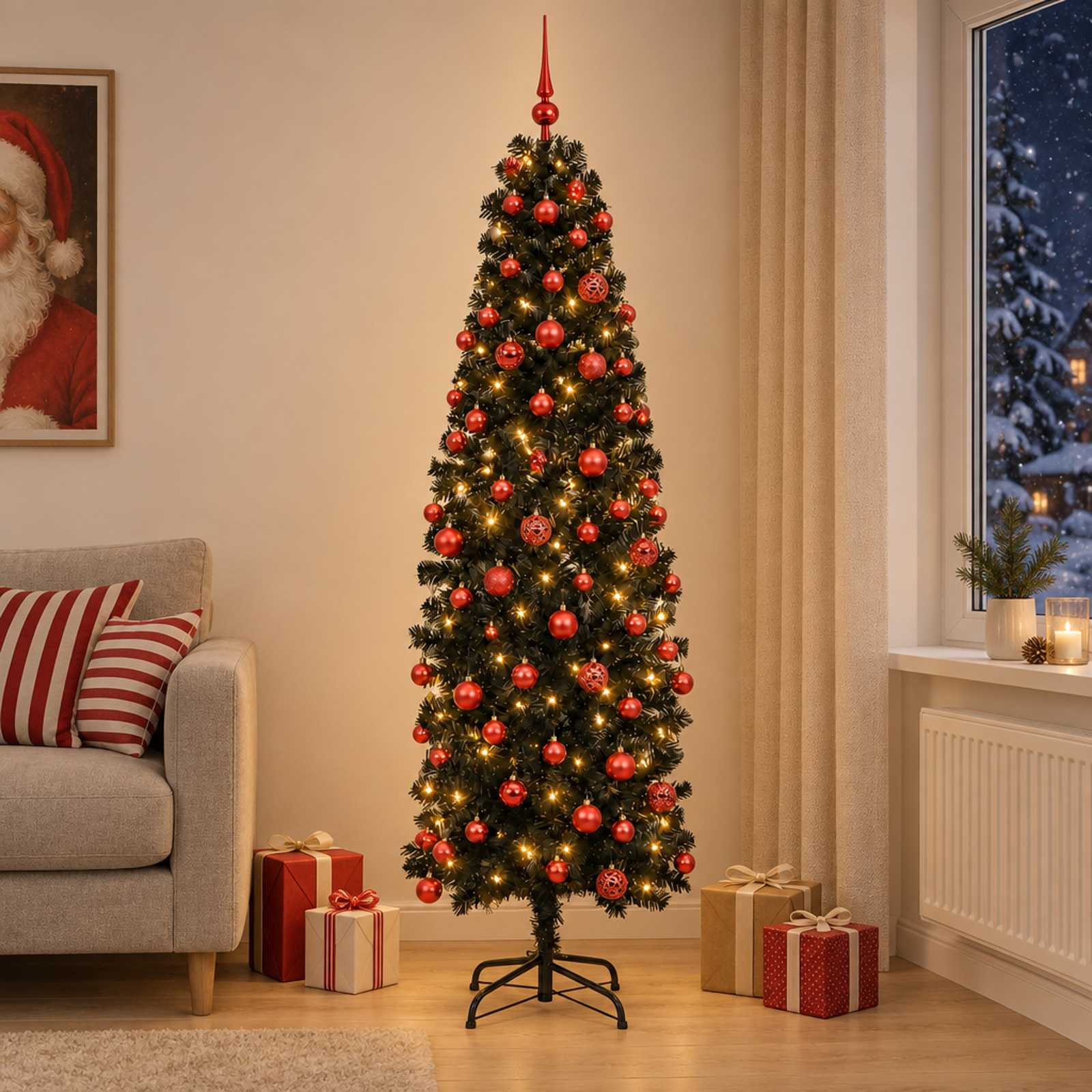 Umetno ozko božično drevesce z božično kroglico 210 cm 300 LED