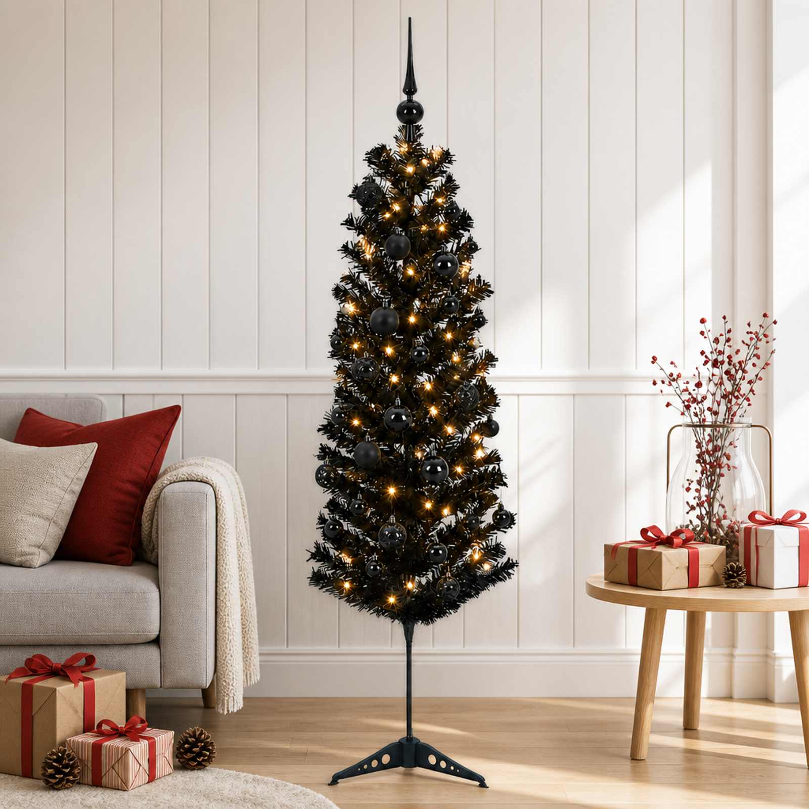 vidaXL Kunstig smalt juletre med julekuler 150 cm 150 LED-lys Varmhvit