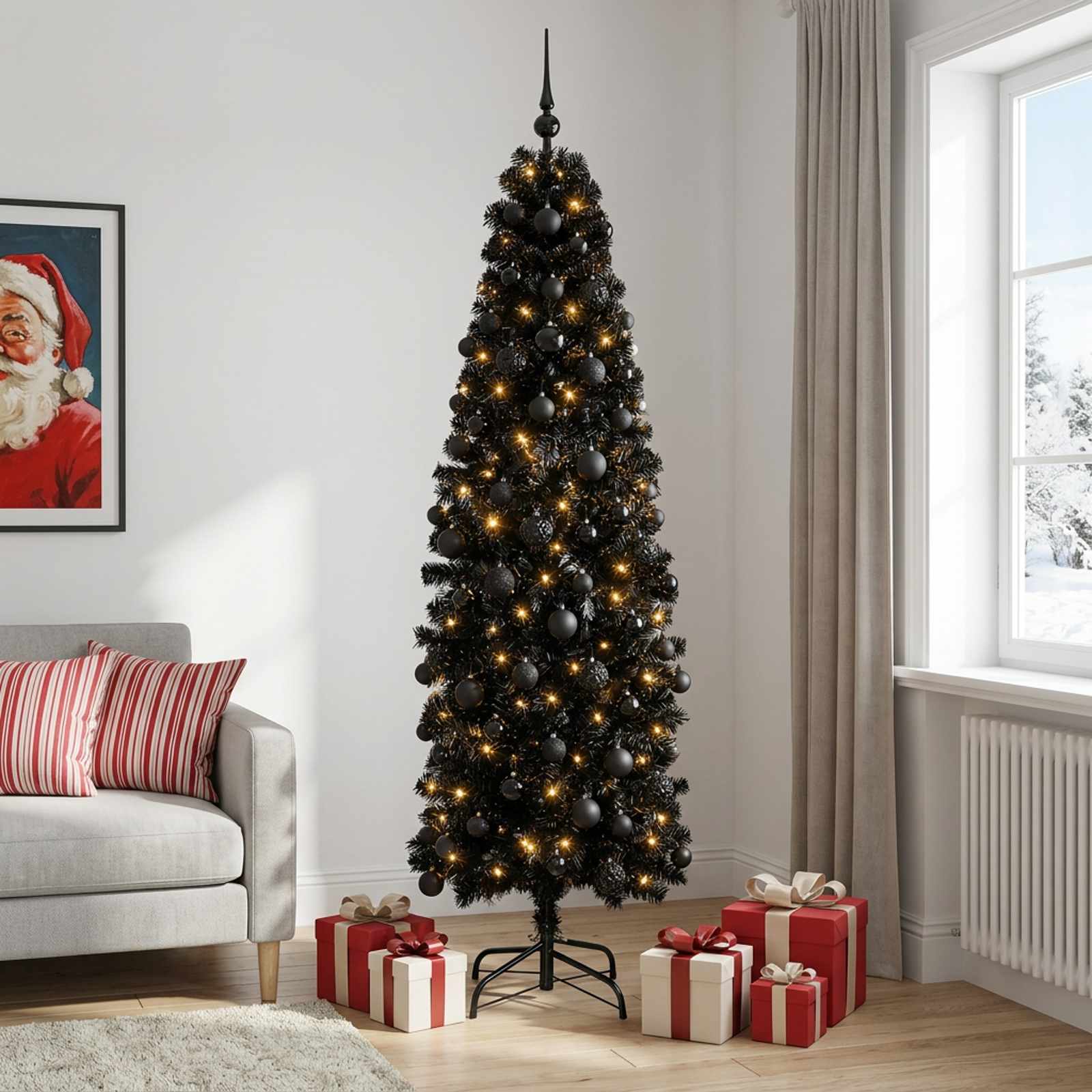 vidaXL Kunstig smalt juletre med julekuler 180 cm 300 LED-lys Varmhvit