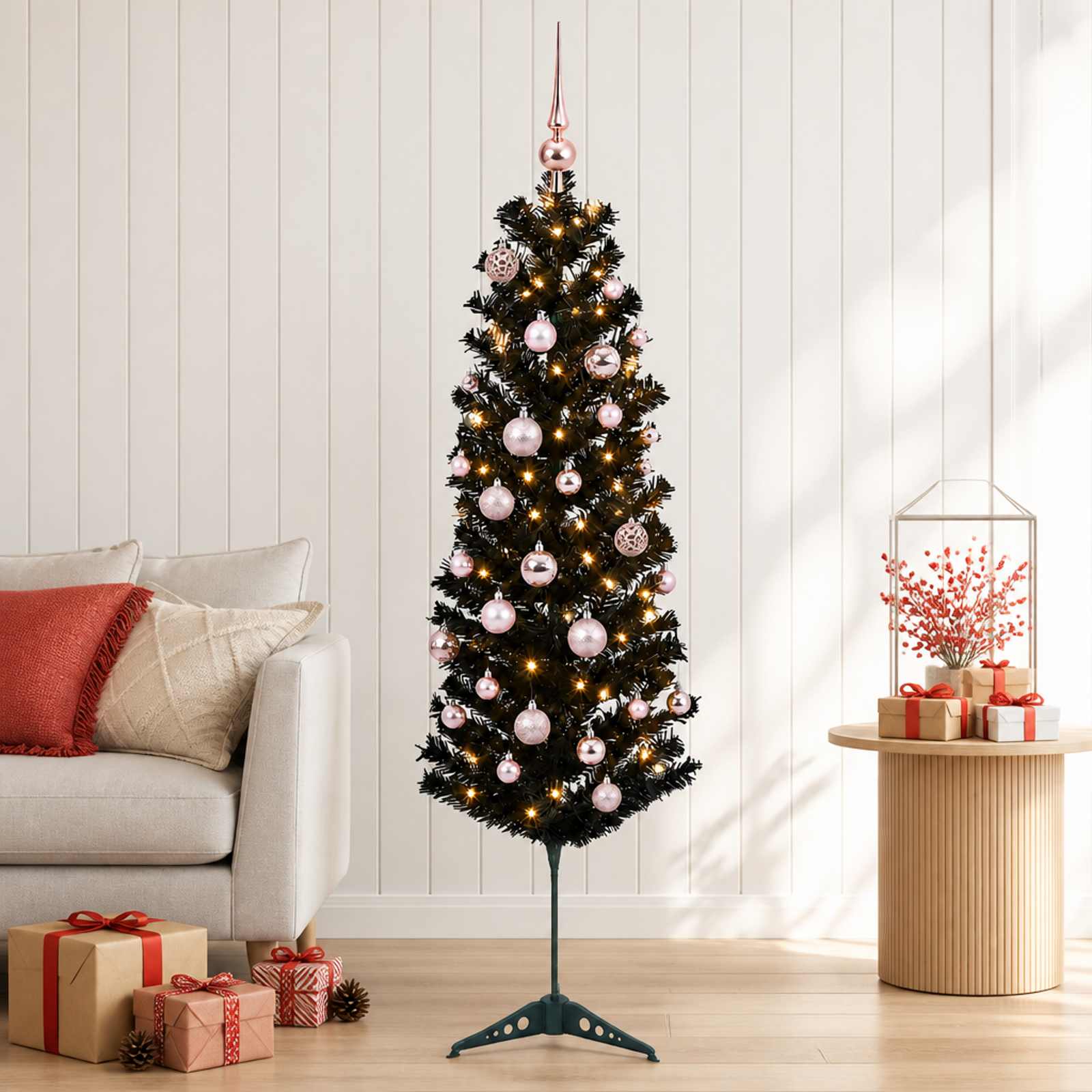 vidaXL Kunstig smalt juletre med julekuler 150 cm 150 LED-lys Varmhvit