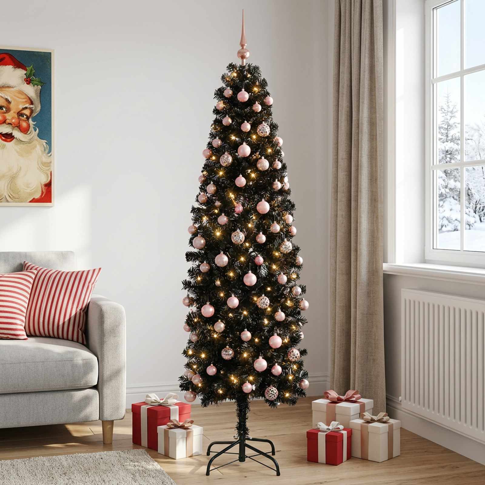 vidaXL Kunstig smalt juletre med julekuler 180 cm 300 LED-lys Varmhvit