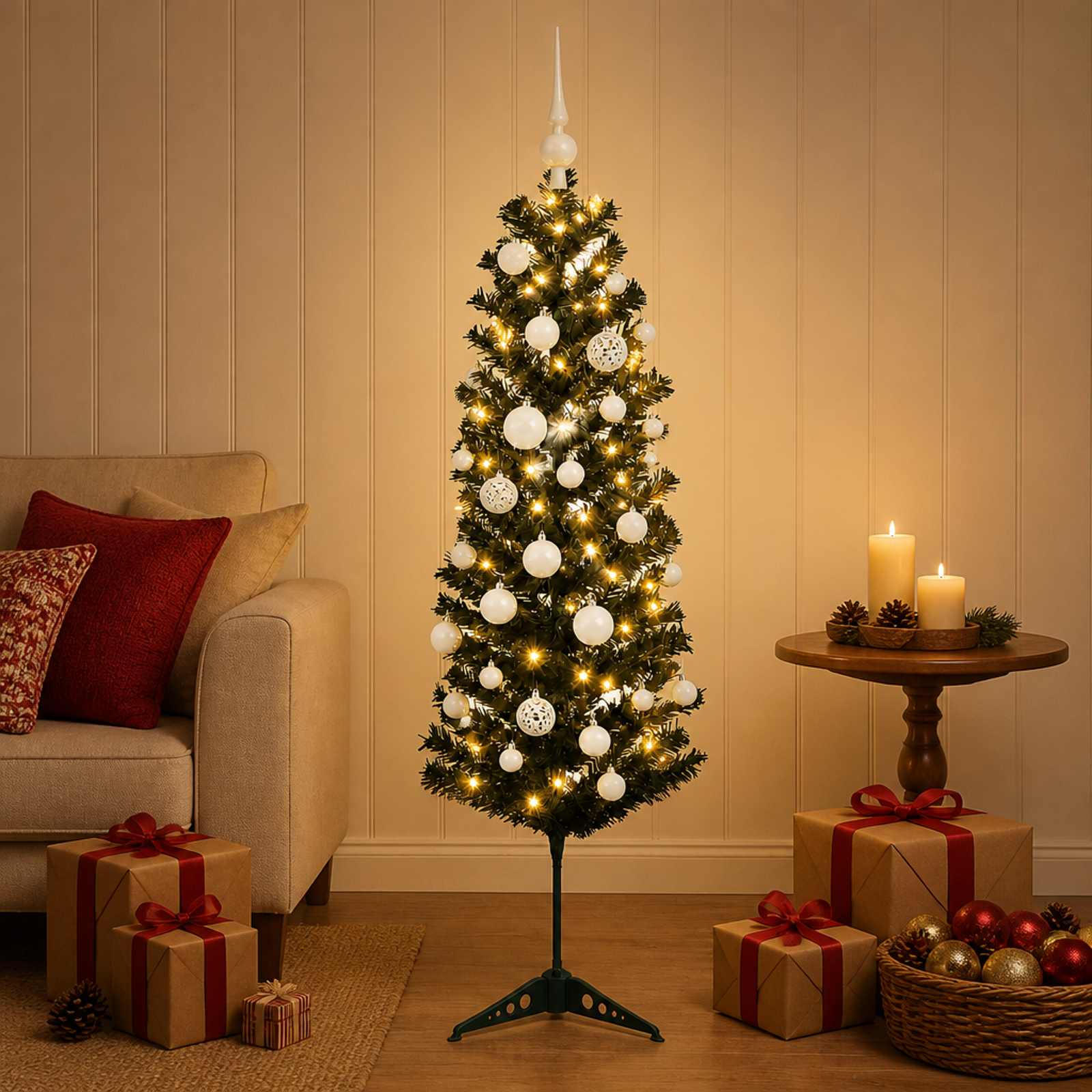 vidaXL Kunstig smalt juletre med julekuler 150 cm 150 LED-lys Varmhvit