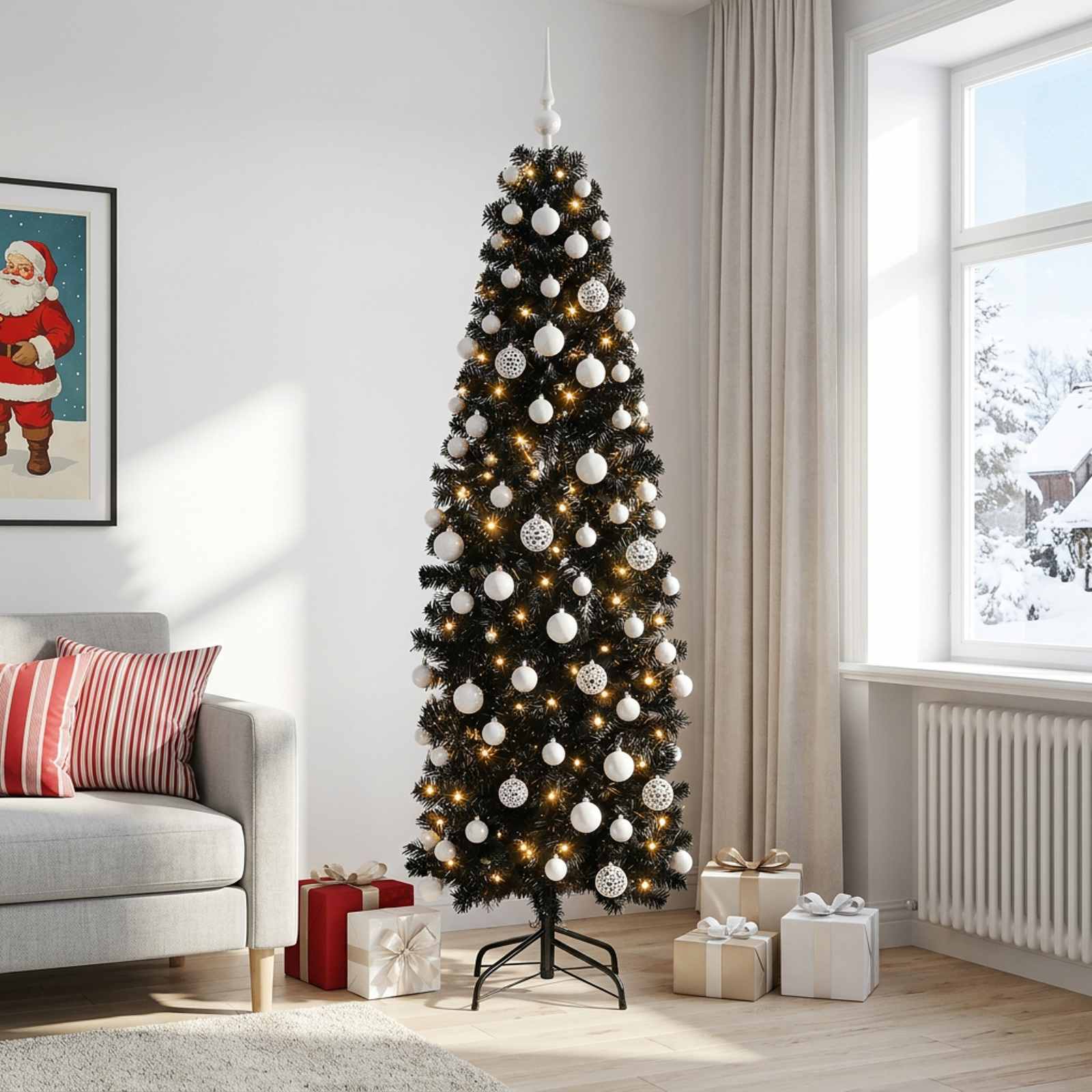 vidaXL Kunstig smalt juletre med julekuler 180 cm 300 LED-lys Varmhvit