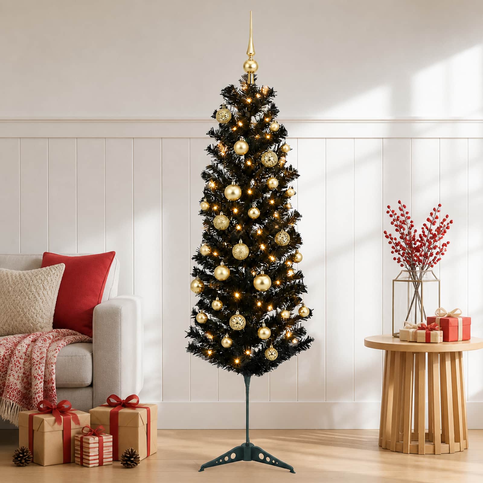 vidaXL Kunstig smalt juletre med julekuler 150 cm 150 LED-lys Varmhvit