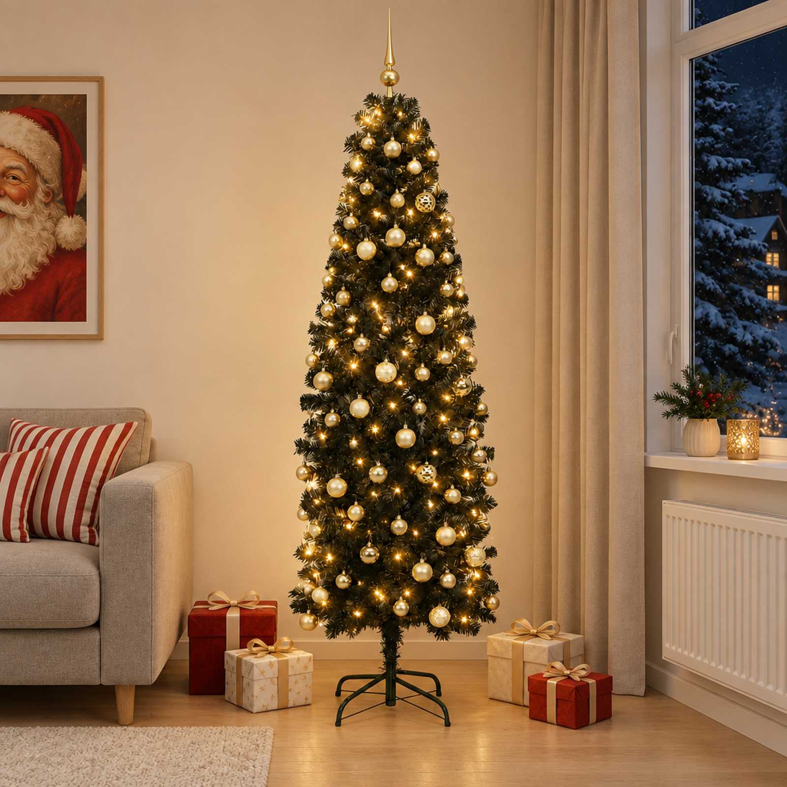 Slankt kunstigt juletræ med 300 LED og julekugler 210 cm - sort