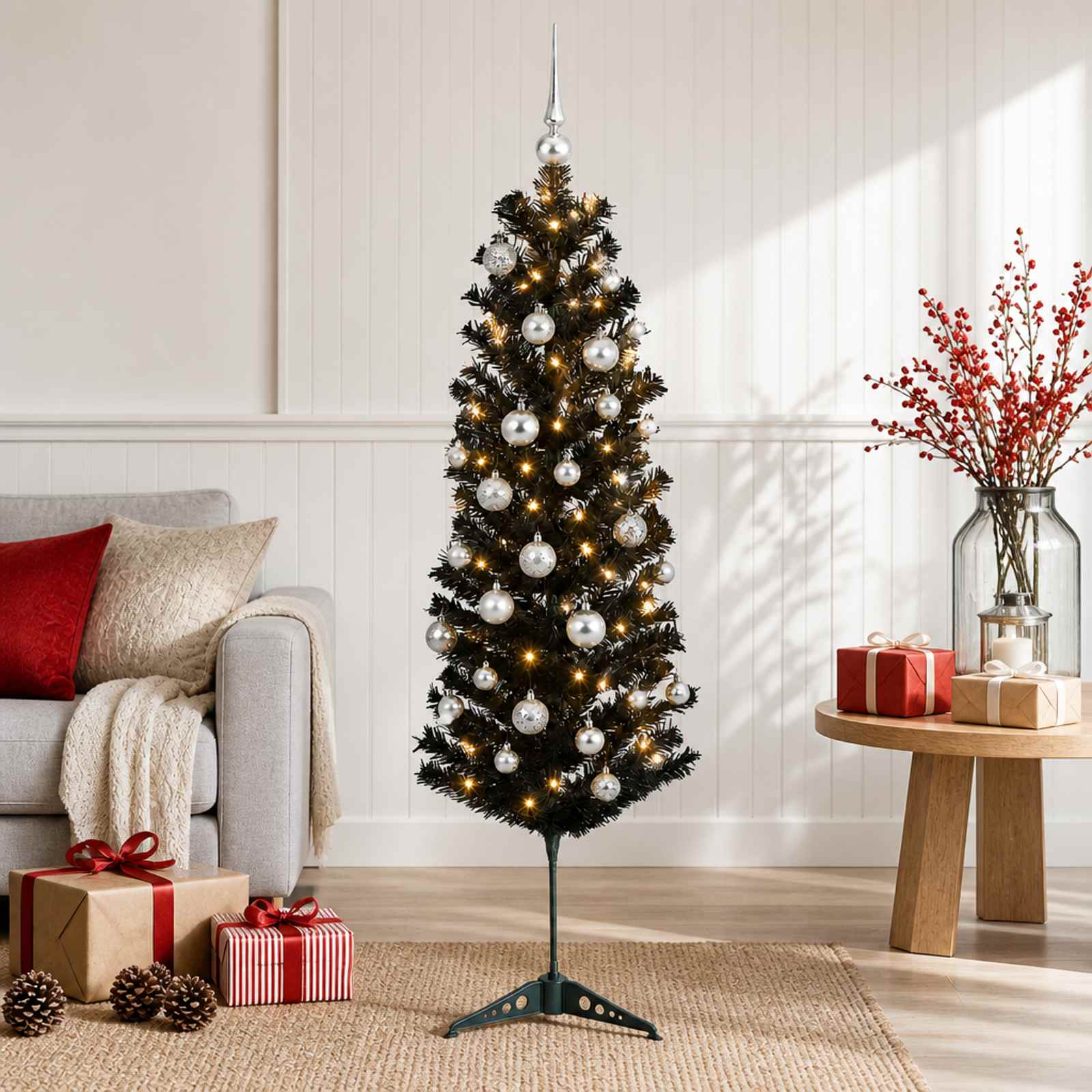 vidaXL Kunstig smalt juletre med julekuler 150 cm 150 LED-lys Varmhvit