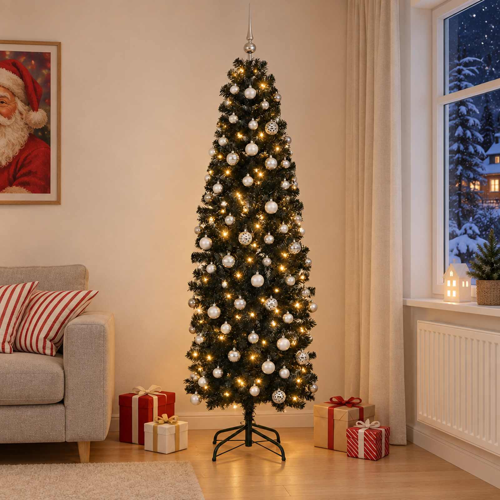 vidaXL Kunstigt slankt juletræ med julekugle 210 cm 300 LED'er