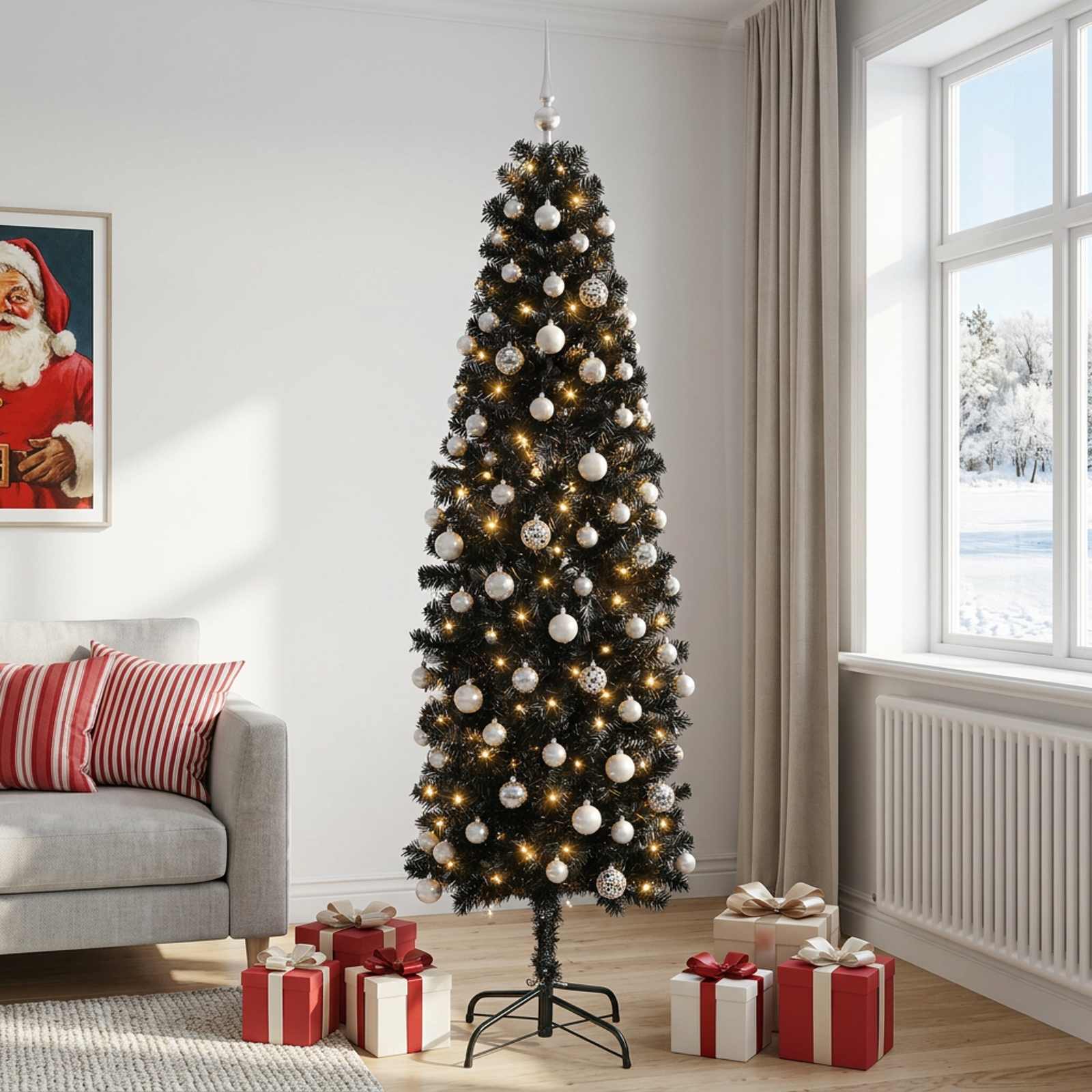 Umetno ozko božično drevesce z božično kroglico 180 cm 300 LED