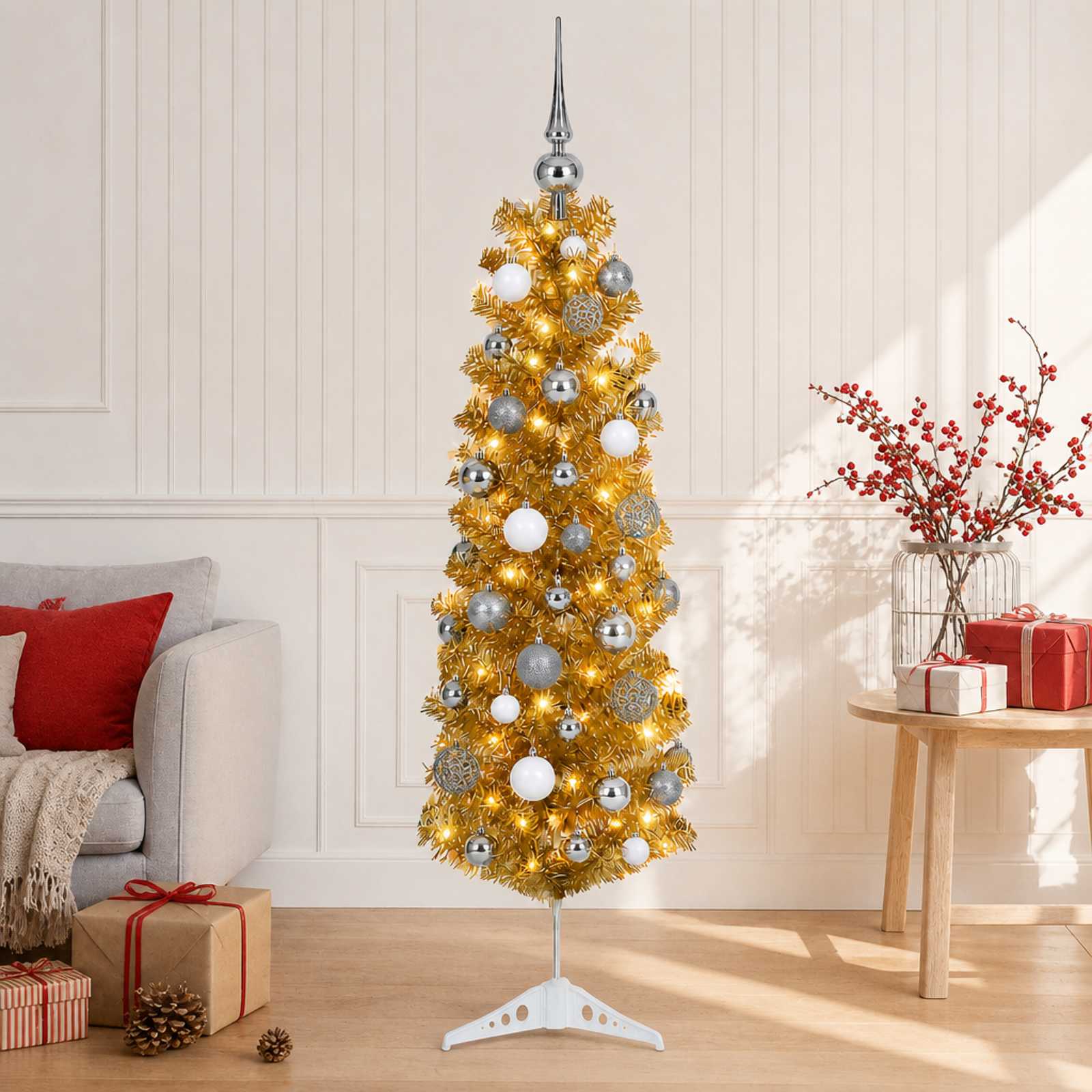 Umetno vitko božično drevo z okrasnimi kroglami 150 cm 150 LED