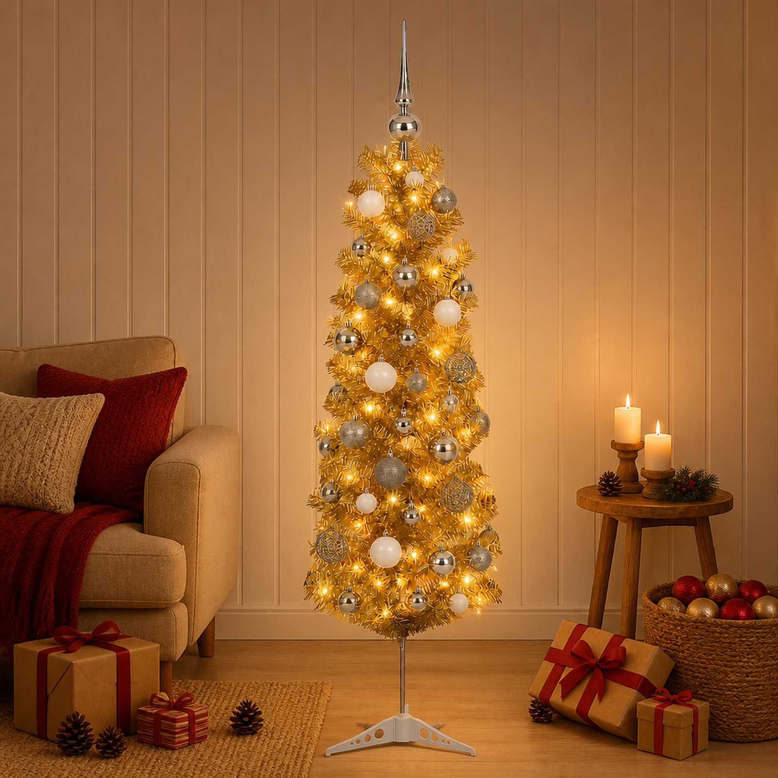 Umetno vitko božično drevo z okrasnimi kroglami 150 cm 150 LED