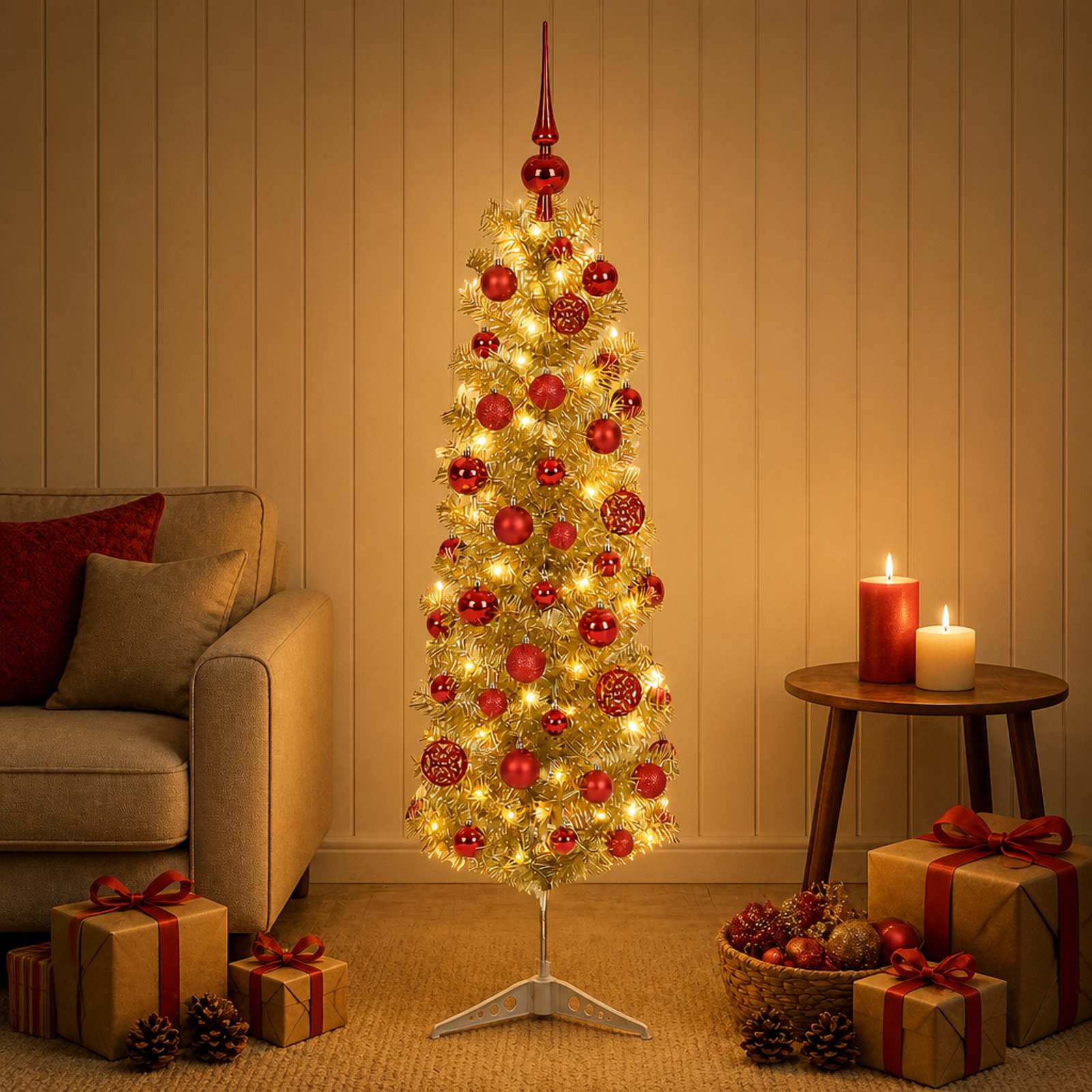 Umetno vitko božično drevo z okrasnimi kroglami 150 cm 150 LED