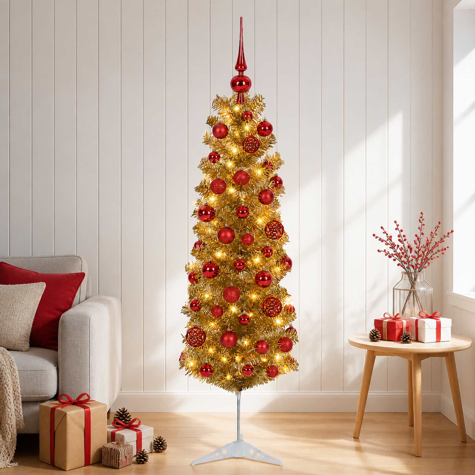 Umetno vitko božično drevo z okrasnimi kroglami 150 cm 150 LED