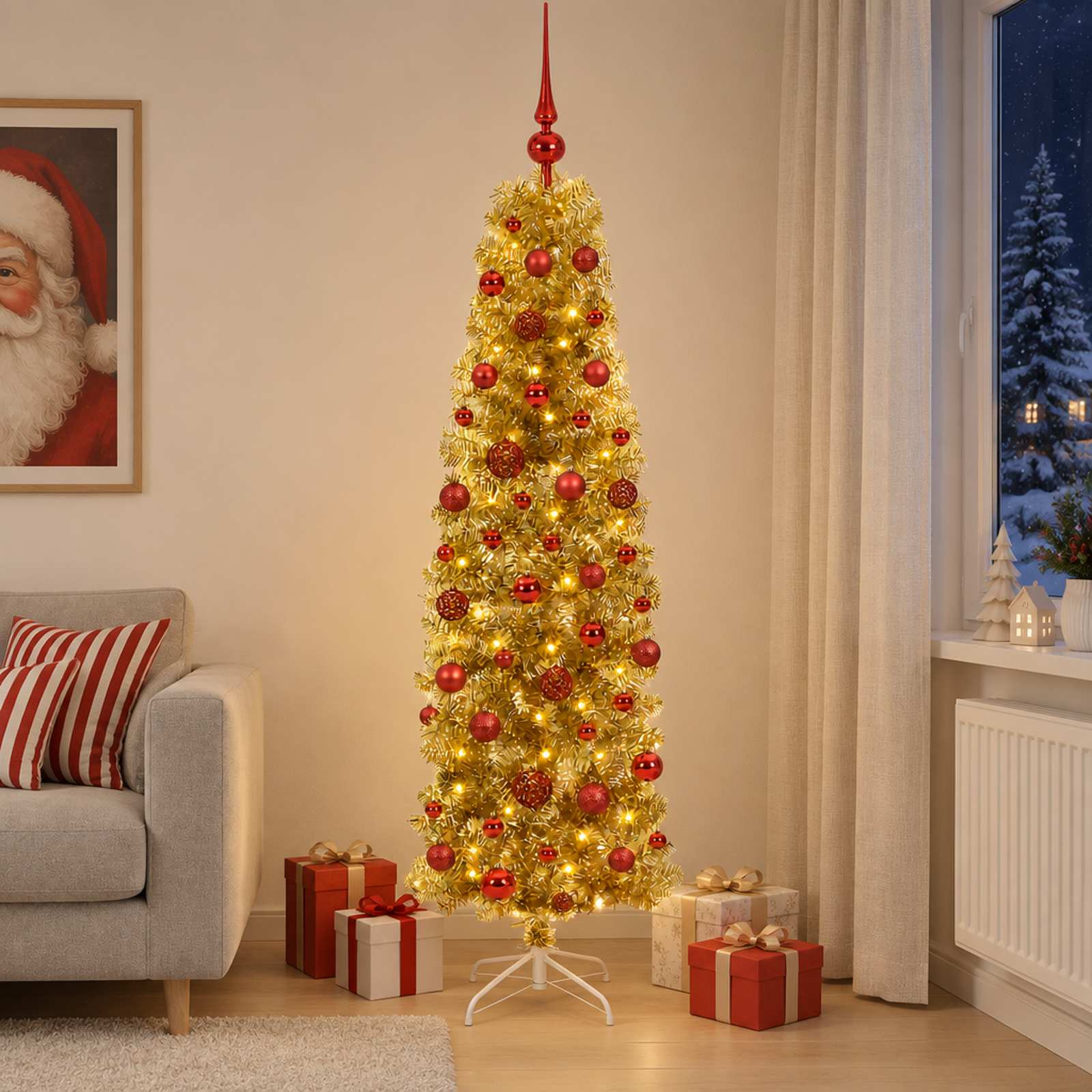 vidaXL Kunstigt slankt juletræ med kugler 180 cm 300 LED'er Varm hvid