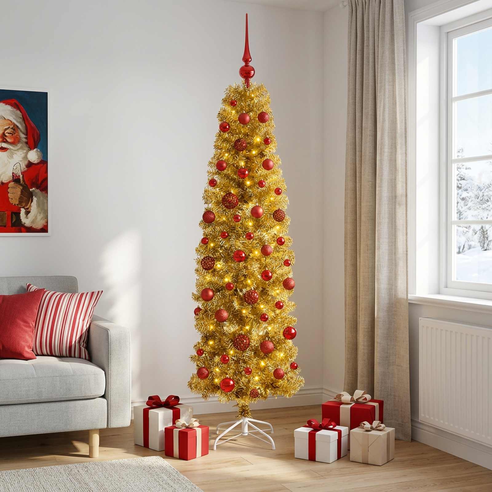 Umetno vitko božično drevo z okrasnimi kroglami 180 cm 300 LED