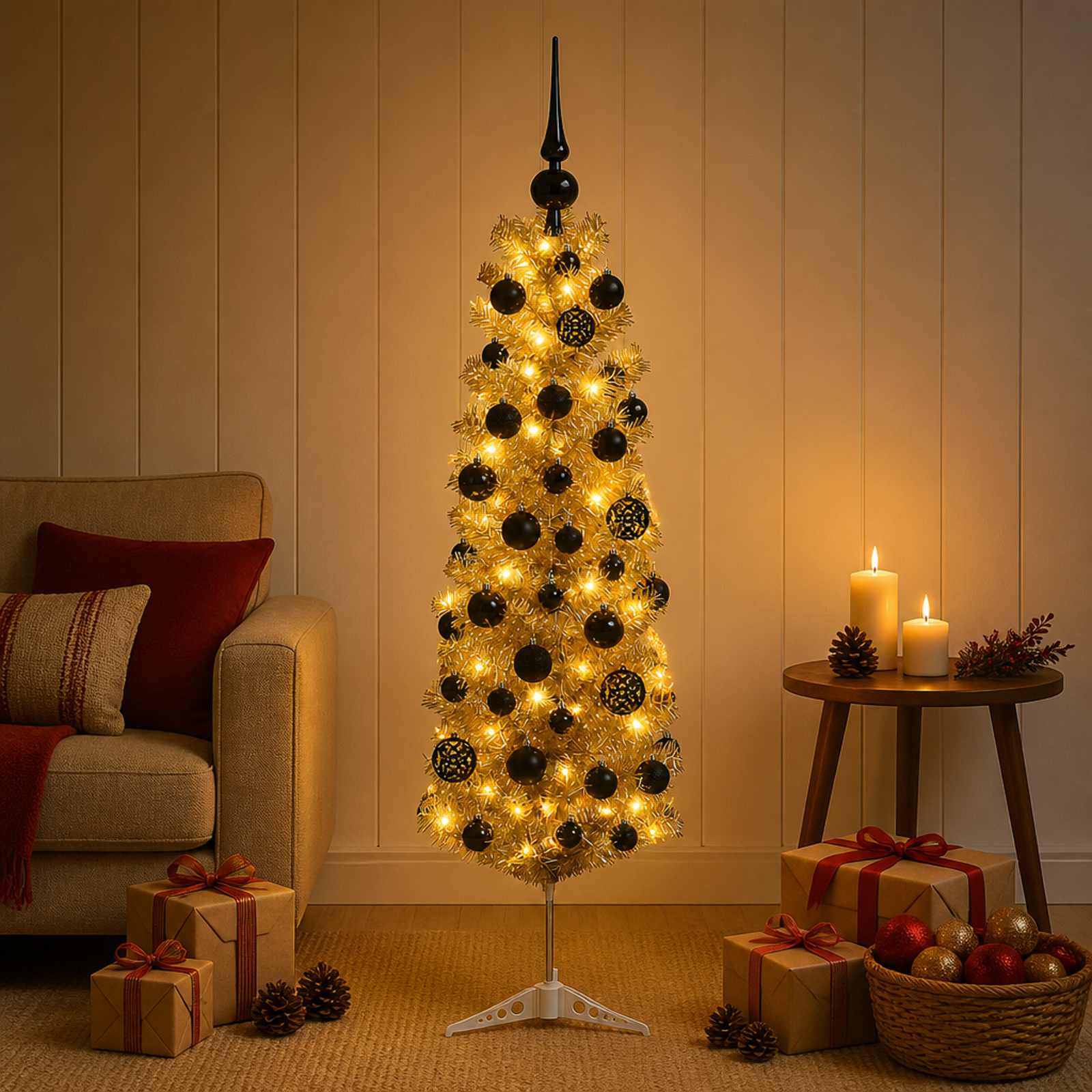Umetno vitko božično drevo z okrasnimi kroglami 150 cm 150 LED