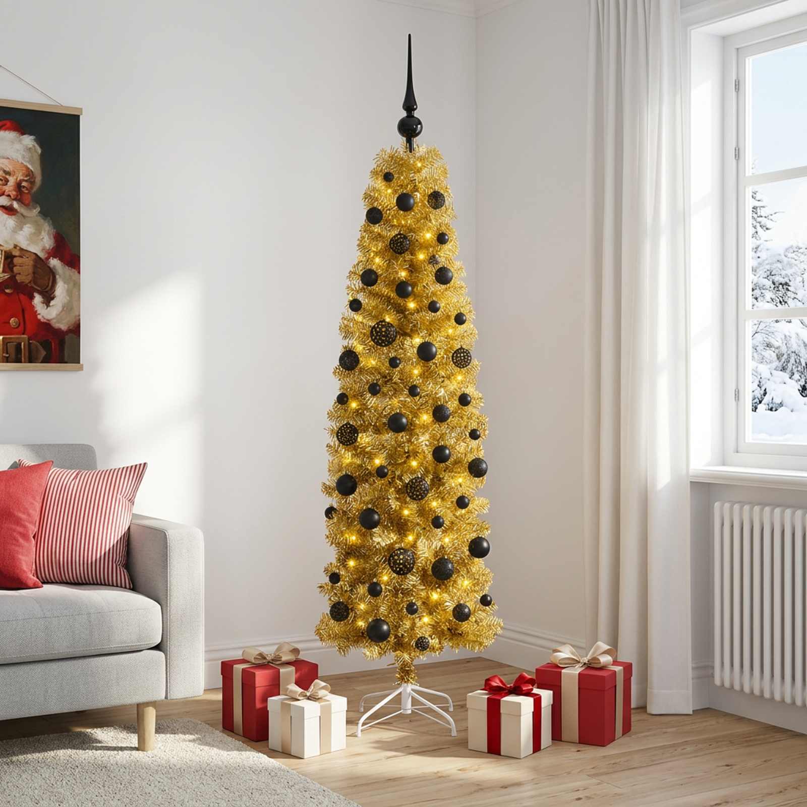 Umetno vitko božično drevo z okrasnimi kroglami 180 cm 300 LED