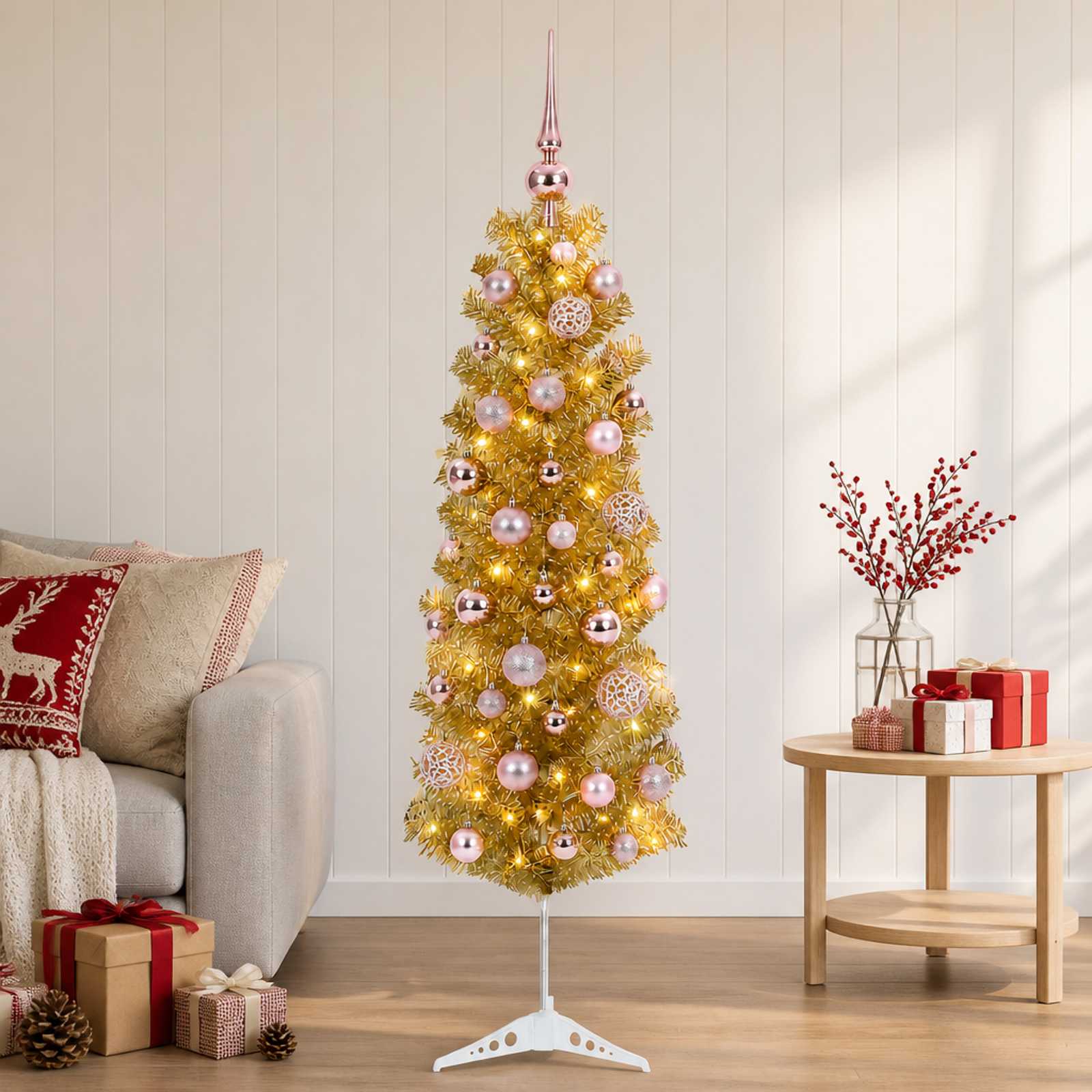 vidaXL Kunstig slank juletre med kuler 150 cm 150 LED-lys Varmhvit