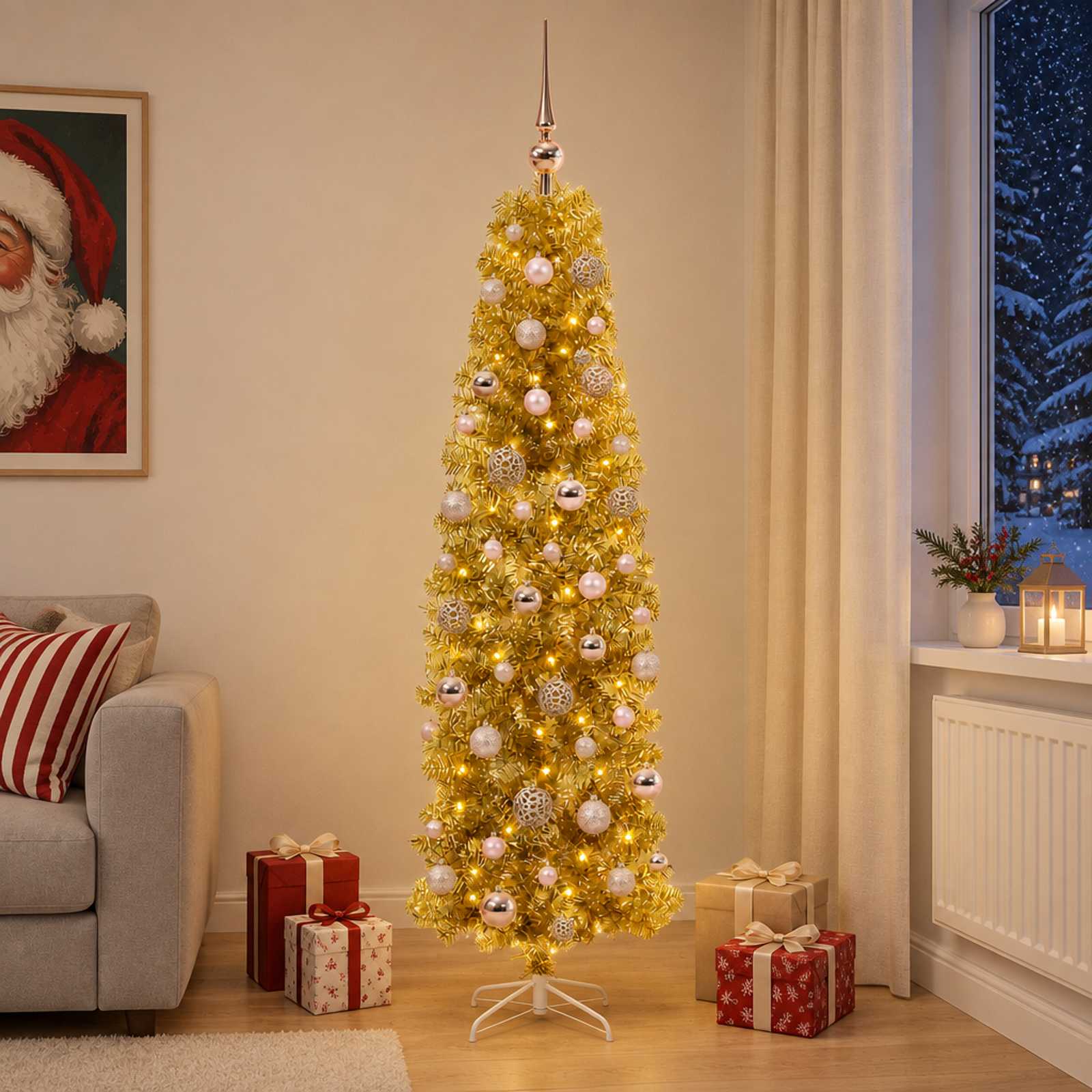 vidaXL Künstlicher schlanker Weihnachtsbaum mit Kugeln 180 cm 300 LEDs