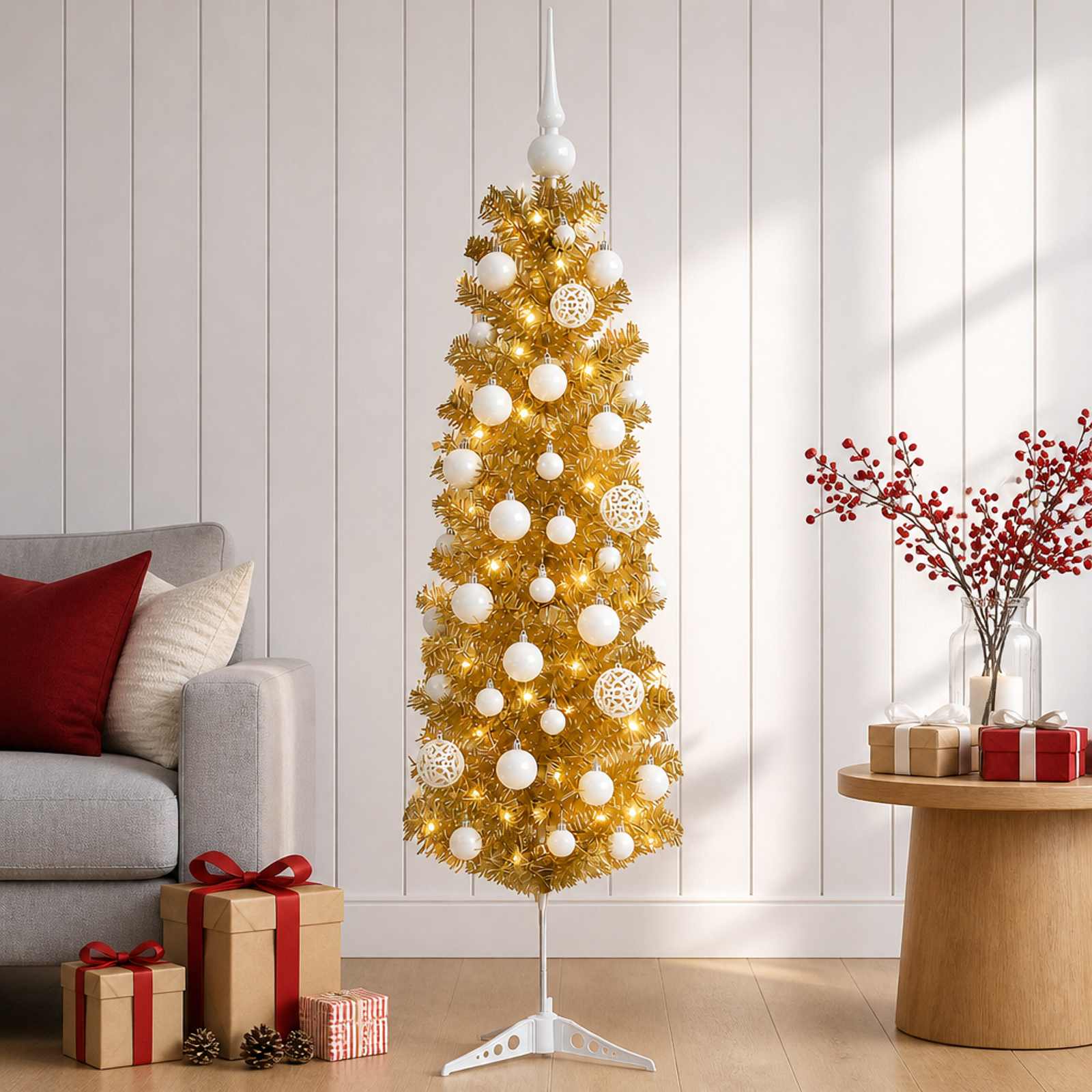 Umetno vitko božično drevo z okrasnimi kroglami 150 cm 150 LED