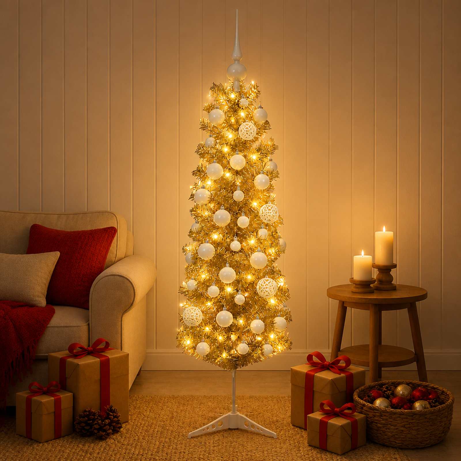 Umetno vitko božično drevo z okrasnimi kroglami 150 cm 150 LED