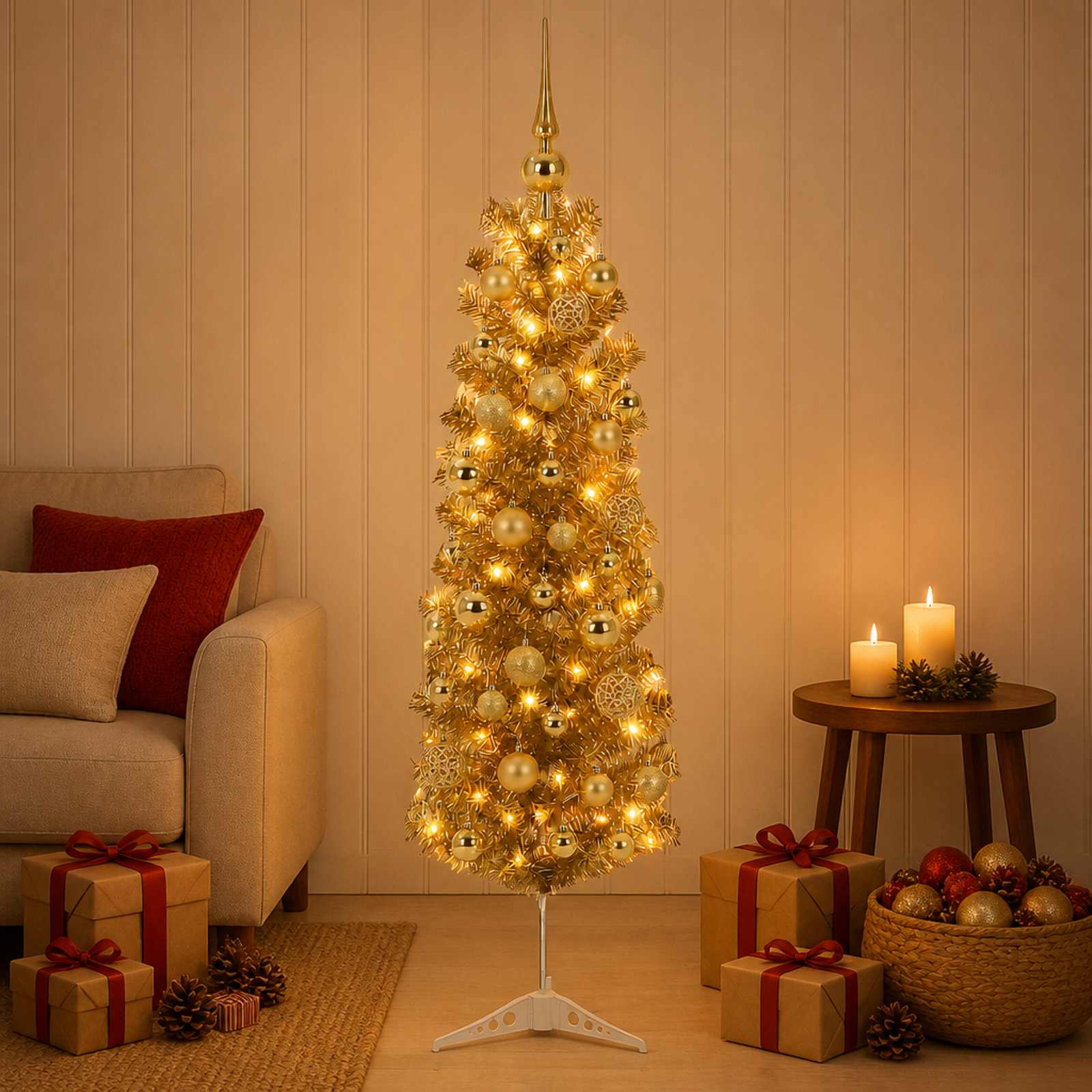 Umetno vitko božično drevo z okrasnimi kroglami 150 cm 150 LED