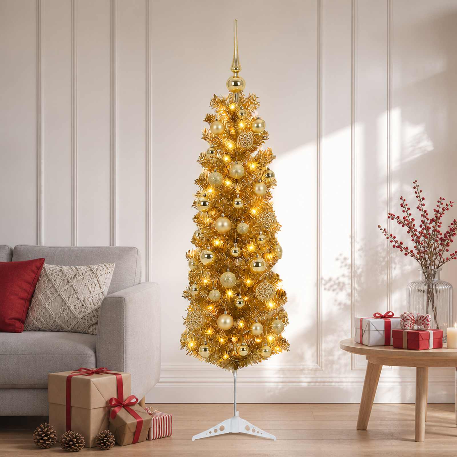 Umetno vitko božično drevo z okrasnimi kroglami 150 cm 150 LED