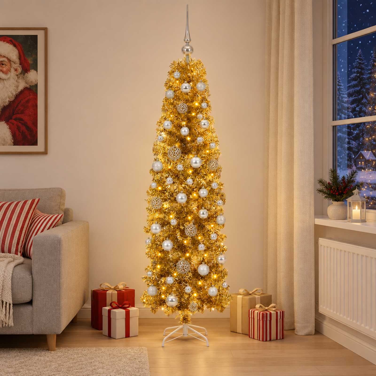 vidaXL Kunstigt slankt juletræ med kugler 180 cm 300 LED'er Varm hvid