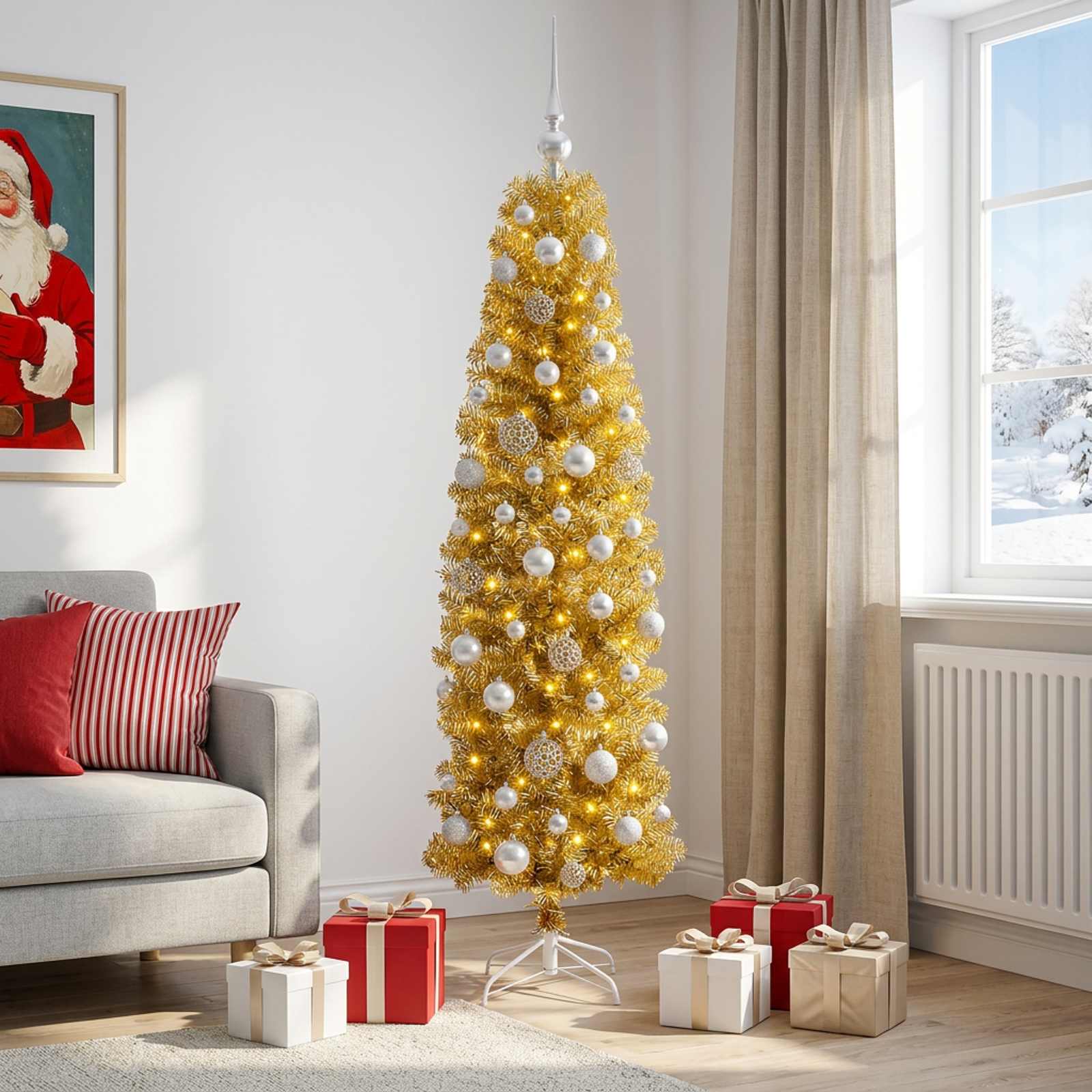 Umetno vitko božično drevo z okrasnimi kroglami 180 cm 300 LED