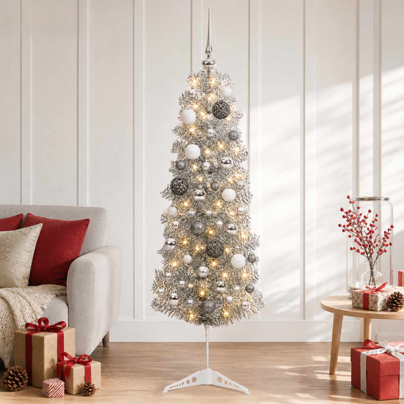 vidaXL Kunstigt slankt juletræ med julekugle 150 cm 150 LED'er