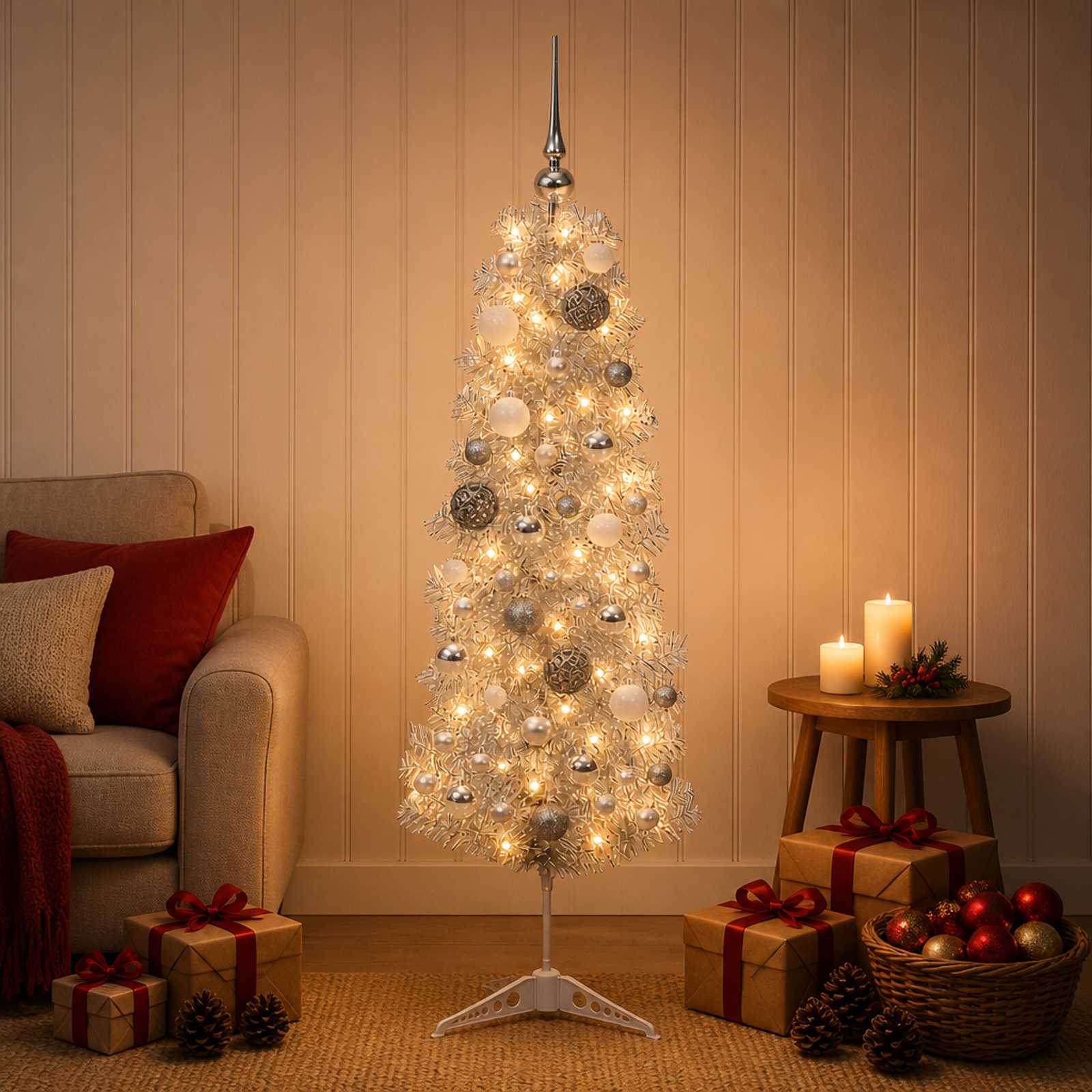 Umetno ozko božično drevesce z božično kroglico 150 cm 150 LED