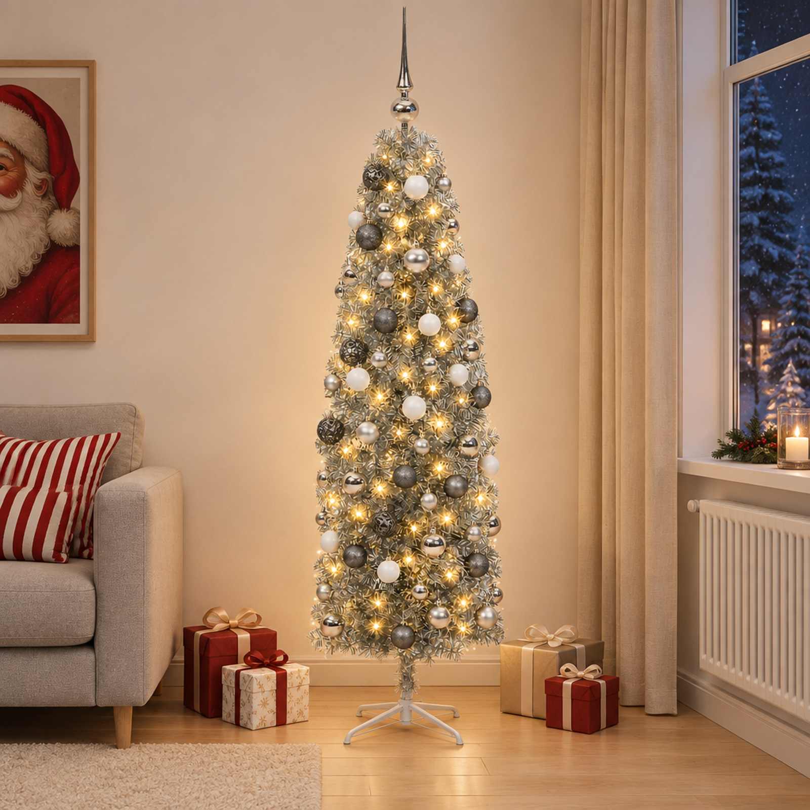 vidaXL Kunstigt slankt juletræ med julekugle 180 cm 300 LED'er