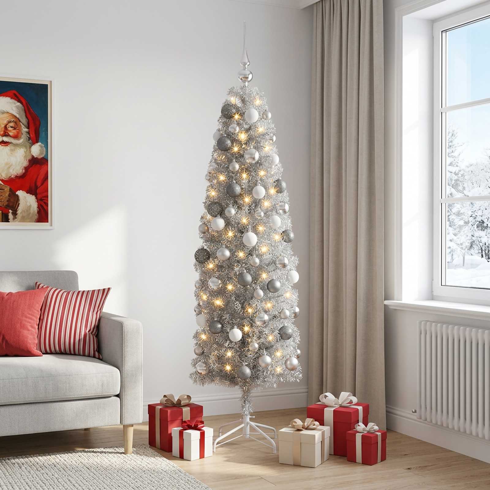 Umetno ozko božično drevesce z božično kroglico 180 cm 300 LED